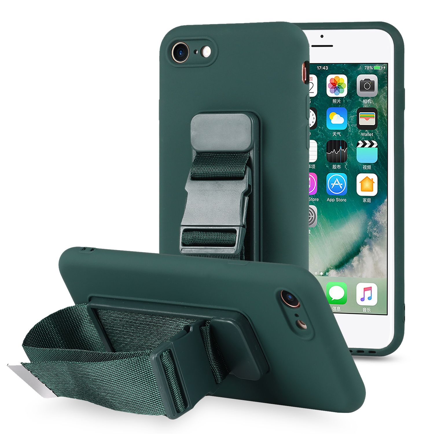 

Дизайн Kickstand Точный Разрез Прочный Мягкий Ткюн с Регулируемым Ремнем Для Запястья Для Iphone SE (2022)/SE (2020)/8/7/SE (2 -е Поколение) - Зеленый, iPhone SE (2022)