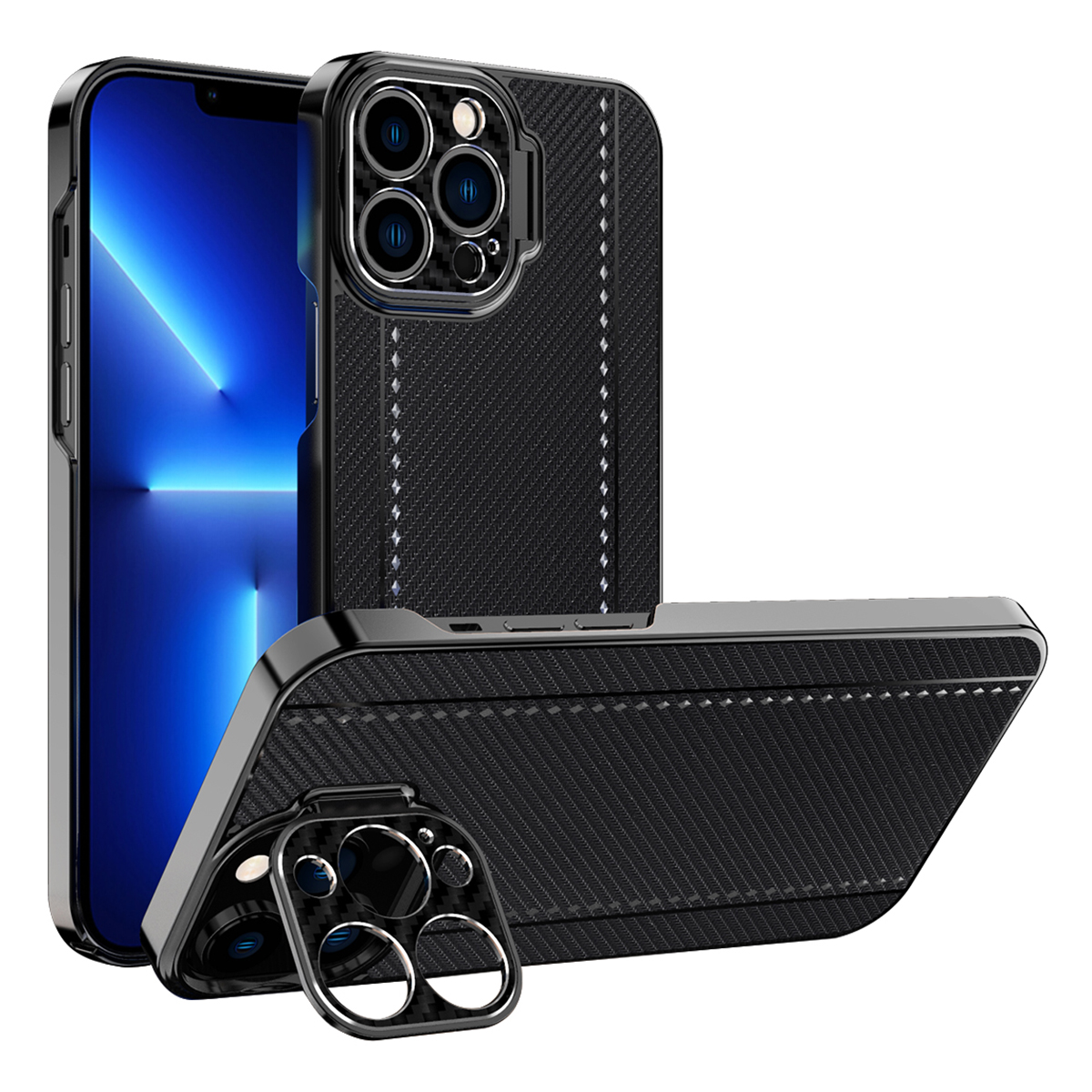 

Electroplating Frame Carbon Fiber Texture PU Leather Coated PC Case with Kickstand for iPhone 13 Pro 6.1 inch - Black, iPhone 13 Pro