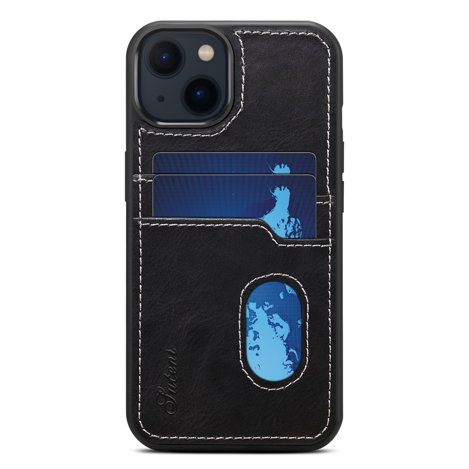 

Suteni Cards Slots Design Retro PU Кожаная Кожаная Смесь Мягкой TPU Оболочка Для Iphone 13 6,1 Дюйма - Черный, iPhone 13