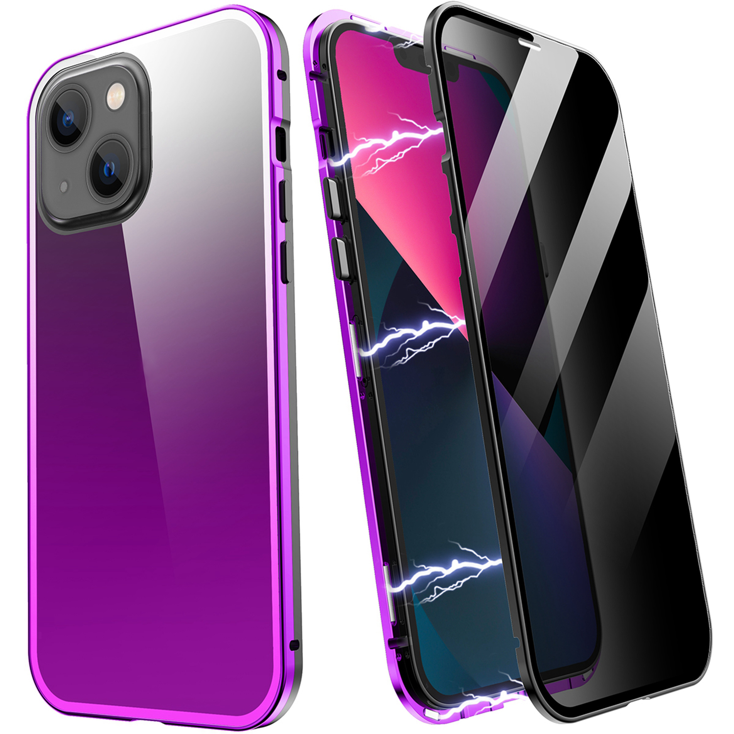 

R-JUST Aluminium Alloy Frame + Double-sided Tempered Glass Full Coverage Phone Case Gradient Color Anti-peep Protective Cover for iPhone 13 mini 5.4 inch - Black/Purple, iPhone 13 mini