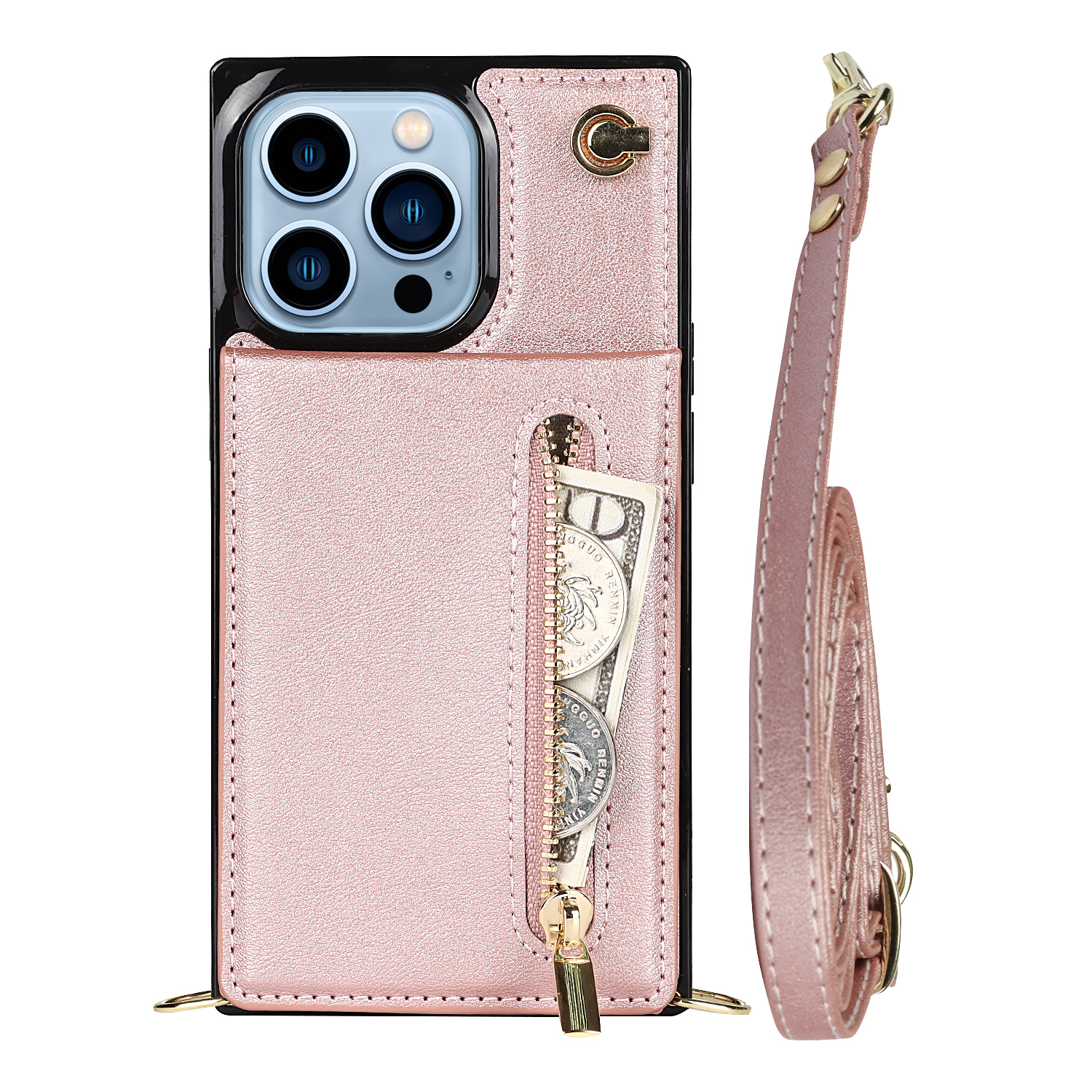 

Classic Zippered Wallet Pouch Shockproof PU Leather Kickstand Phone Case with Shoulder Strap for iPhone 13 Pro Max 6.7 inch - Pink, iPhone 13 Pro Max