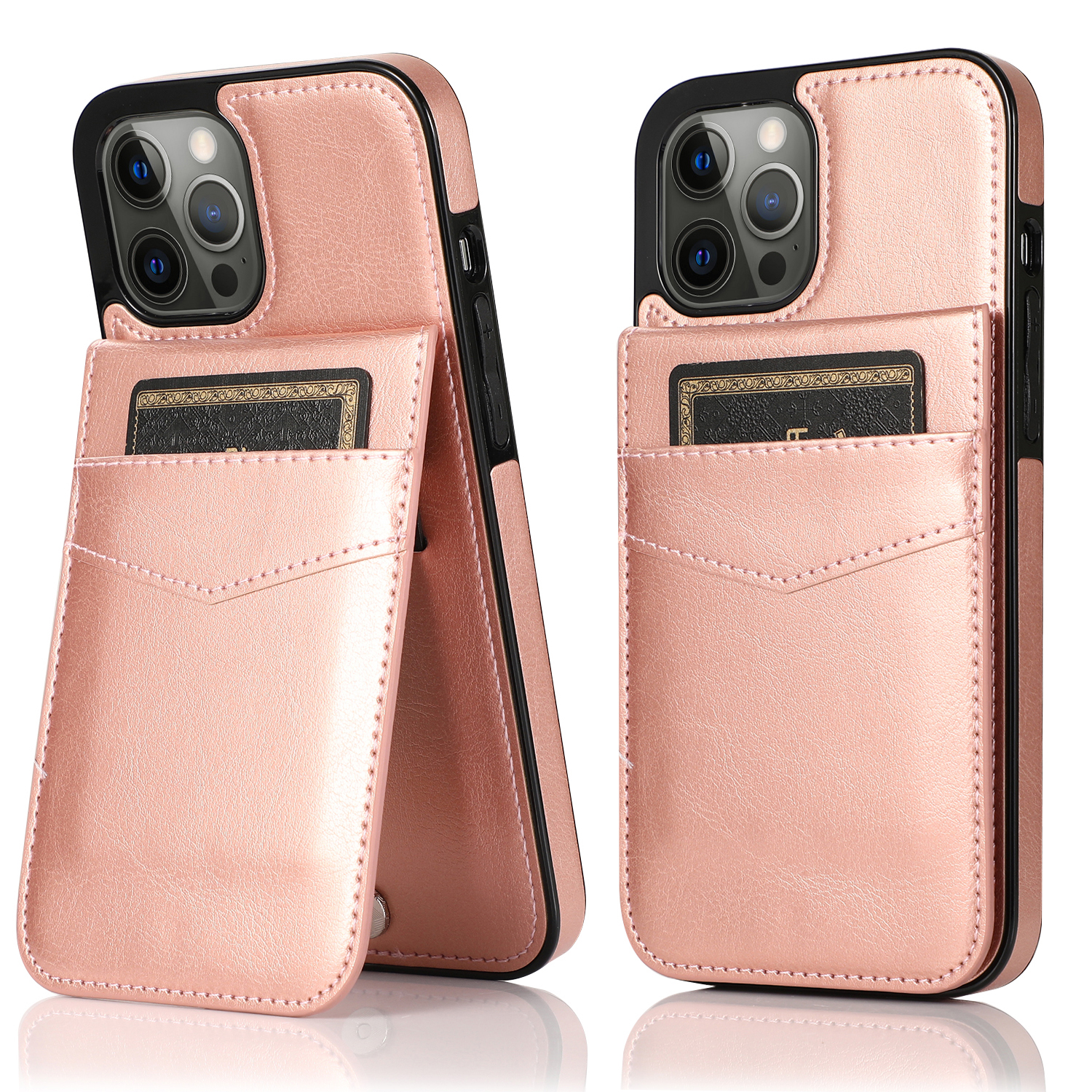 

Многочисленные Слоты Карты PU Кожаная Крышка Для Телефона TPU с Kickstand Для Iphone 13 Pro Max 6,7 Дюйма - Розовое Золото, iPhone 13 Pro Max