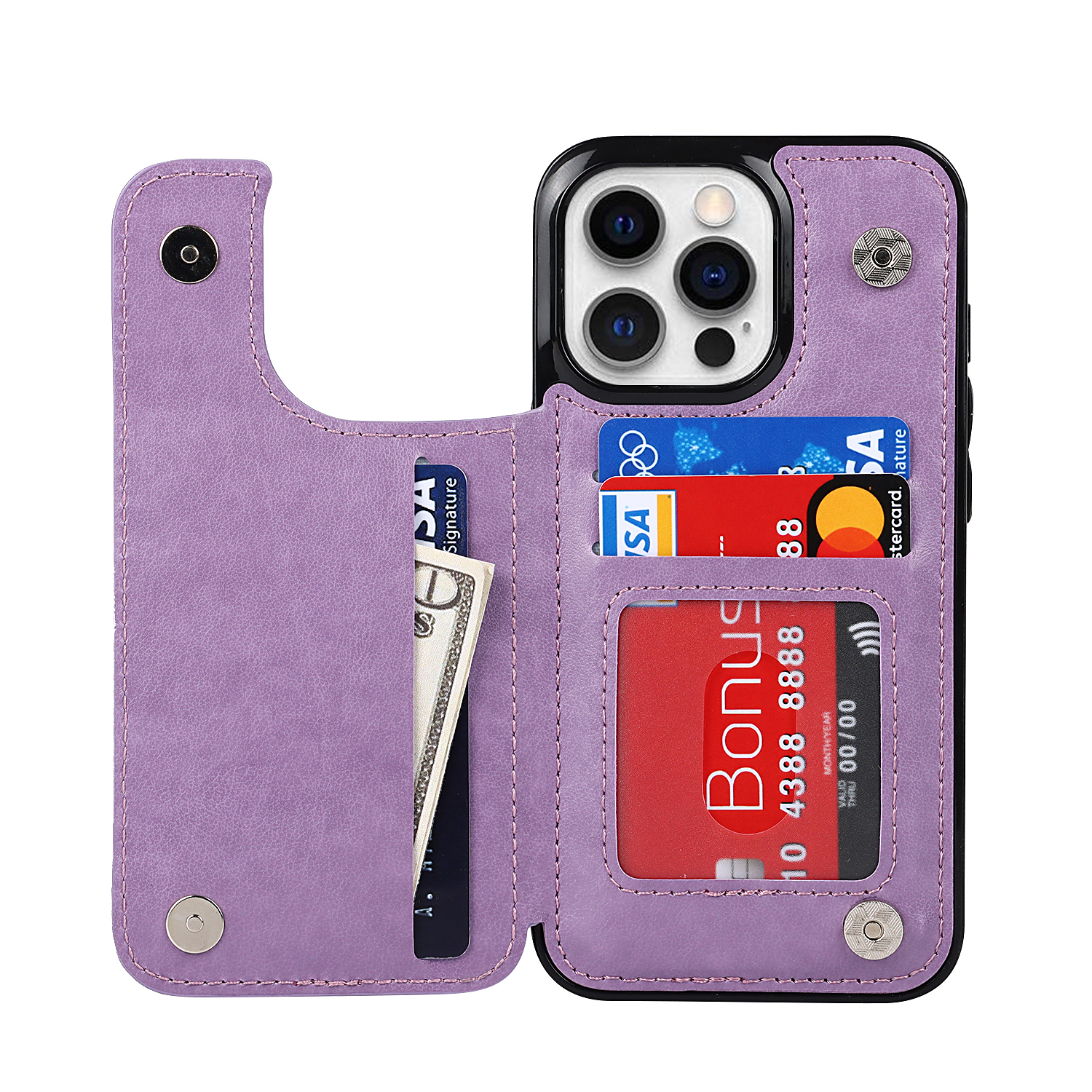 

Mandala Flower PU Leather Coated TPU Phone Case Double Magnetic Buttons Kickstand Card Holder Scratch-resistant Phone Cover for iPhone 13 Pro Max 6.7 inch - Purple, iPhone 13 Pro Max