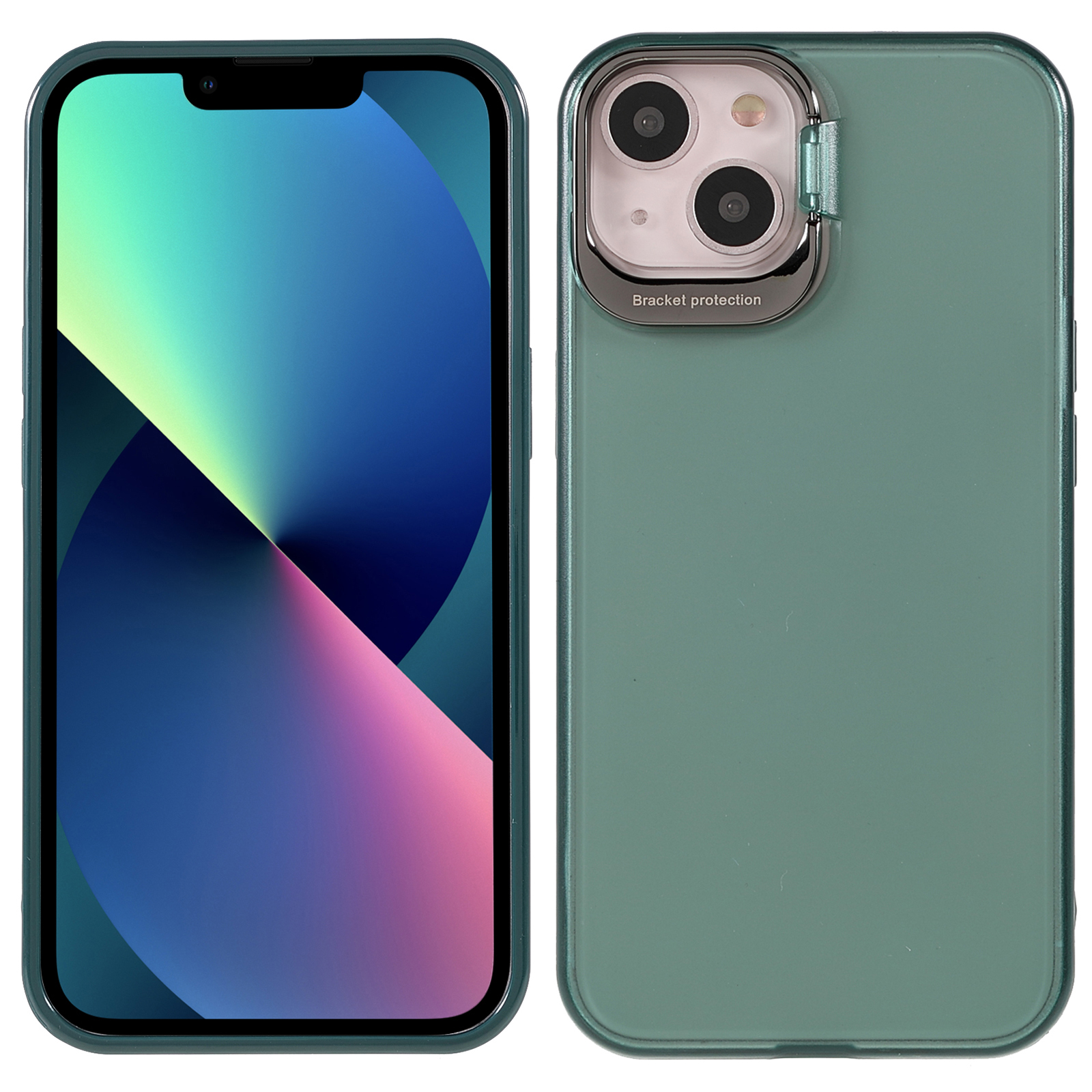 

PC + TPU Phone Case Built-in Kickstand Lens Protection Matte Anti-scratch Cover Shell for iPhone 13 6.1 inch - Green, iPhone 13