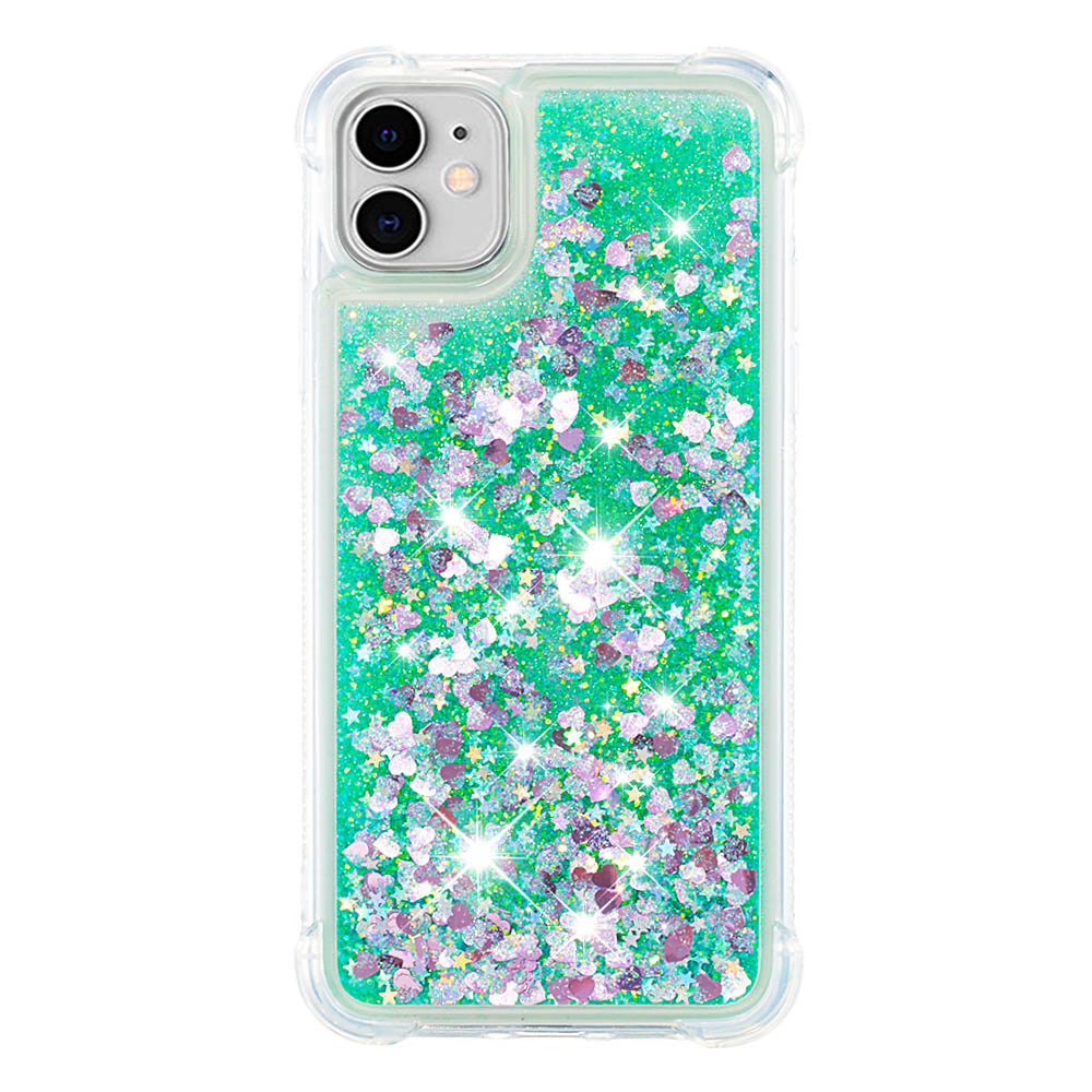 

Reinforced Corner Anti-fall Quicksand Glitter TPU Protective Phone Case Shell for iPhone 11 6.1 inch - Green Hearts, iPhone 11 6.1 inch