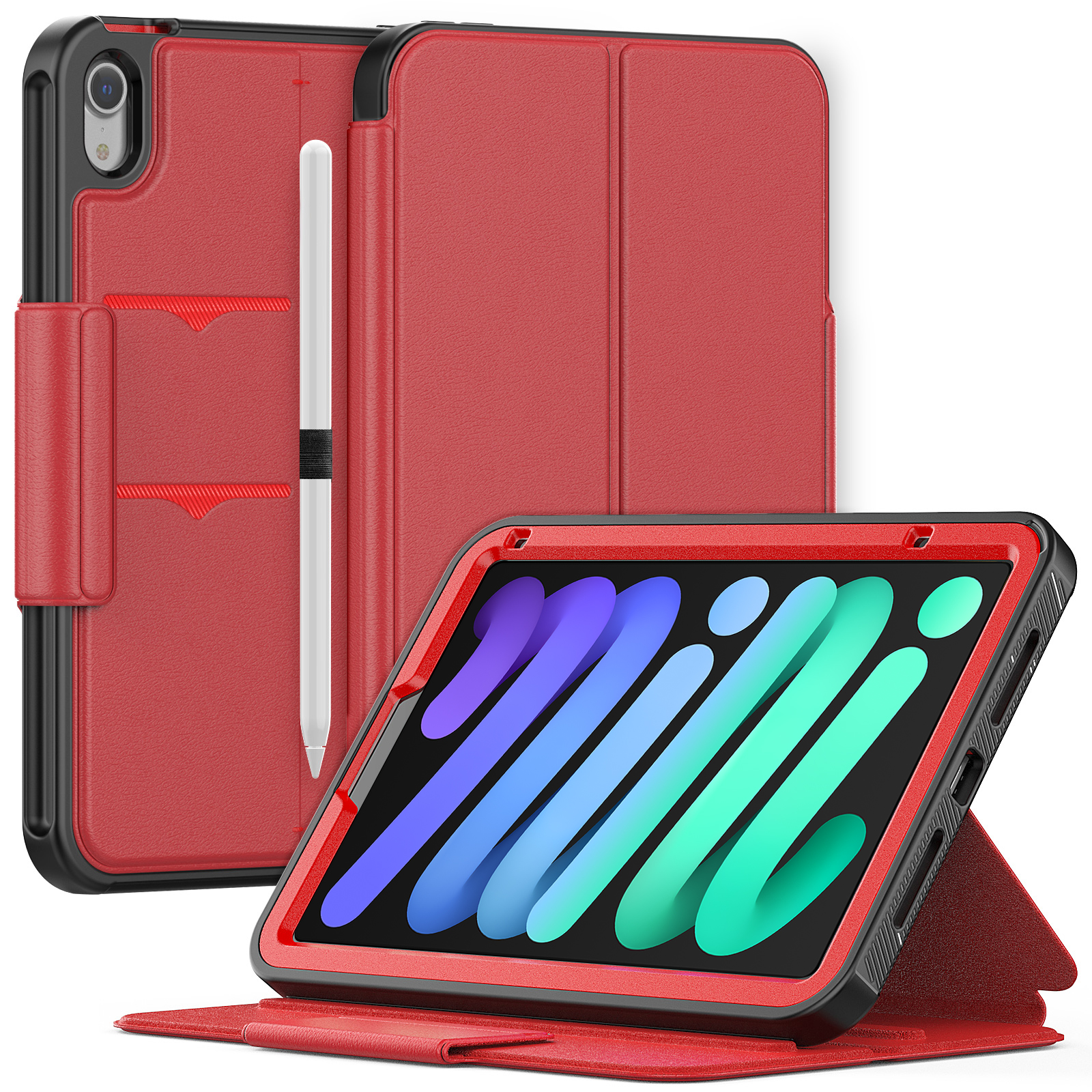 

Multi-function Stand Design Anti-scratch Hybrid PC + TPU Case + PU Leather Tablet Cover with Card Slot for iPad mini (2021) - Red, iPad mini (2021)
