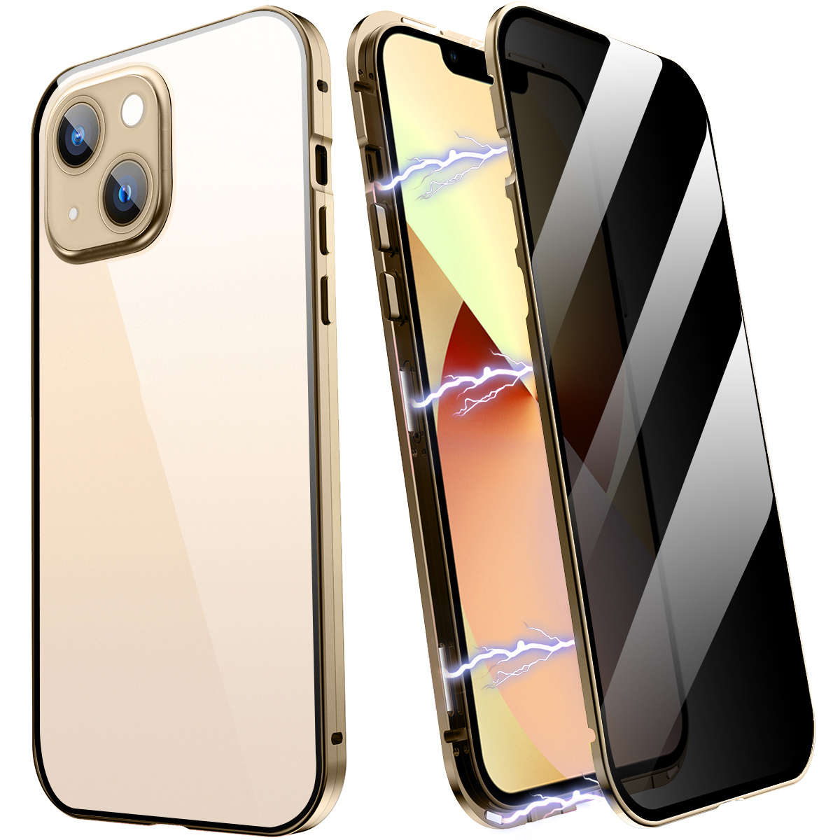 

R-JUST 360 Degree Protection Tempered Glass + Aluminium Alloy Anti-peep Magnetic Phone Case Cover for iPhone 13 6.1 inch - Gold, iPhone 13
