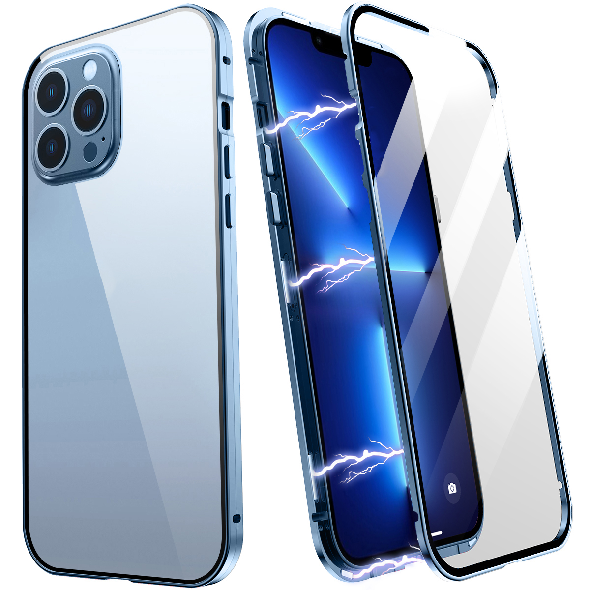

R-JUST For iPhone 13 Pro 6.1 inch Full Coverage Magnetic Installation Phone Case Double-sided Tempered Glass + Aluminium Alloy Frame Hybrid Cover - Blue, iPhone 13 Pro