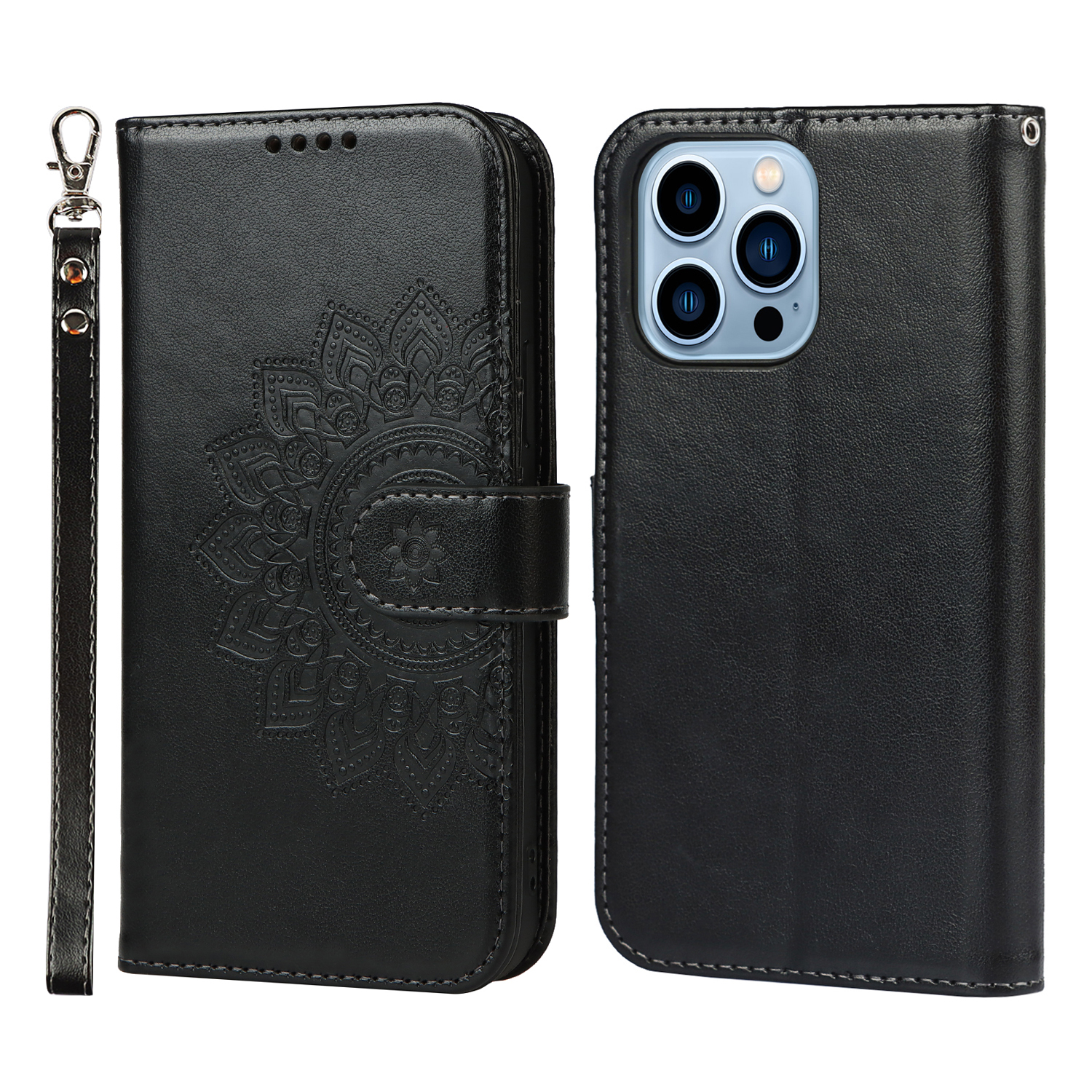 

R61 Texture Pattern Imprinting Felled Seam Design PU Leather Wallet Phone Cover Shell for iPhone 13 Pro Max 6.7 inch - Black, iPhone 13 Pro Max