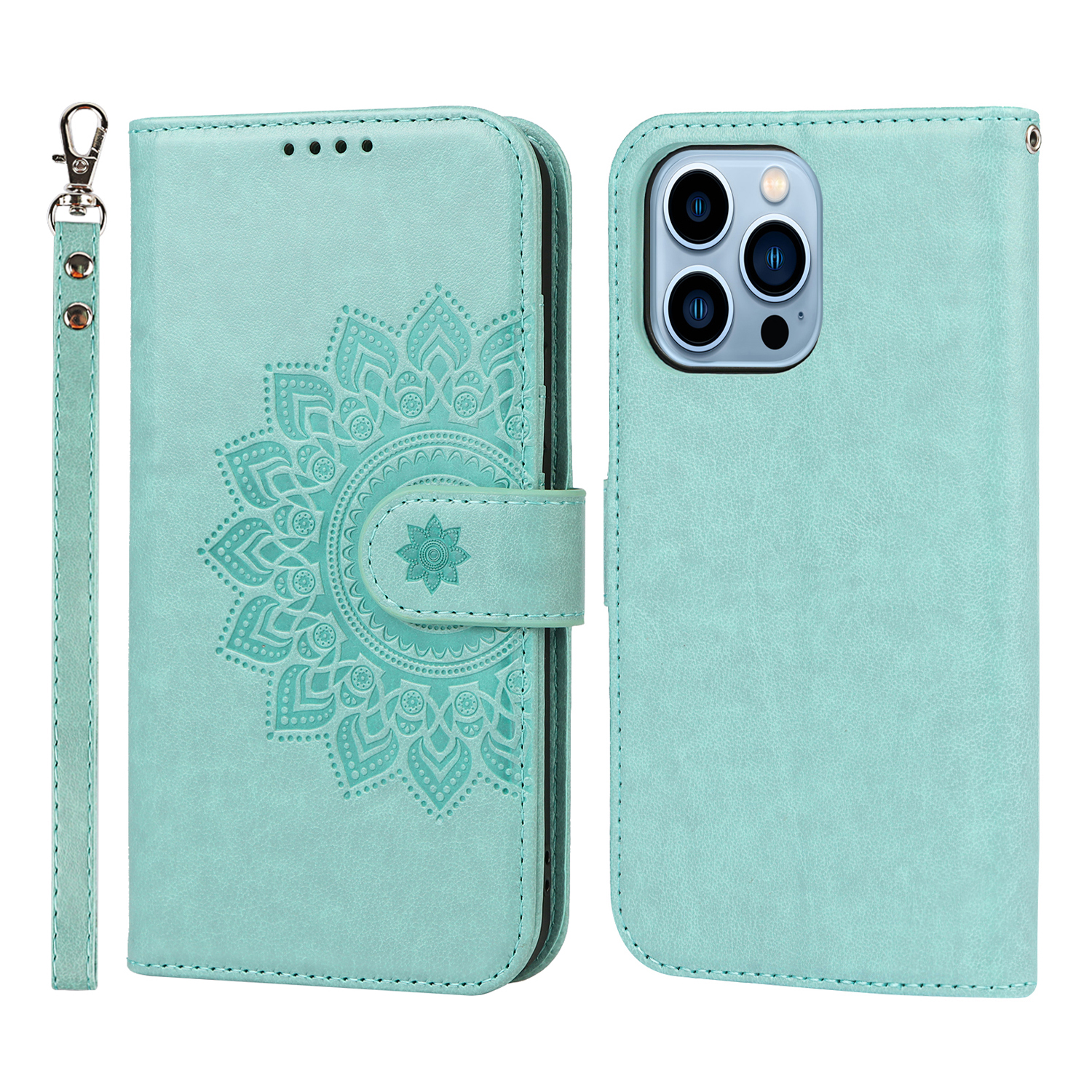 

R61 Texture Pattern Imprinting Felled Seam Design PU Leather Wallet Phone Cover Shell for iPhone 13 Pro Max 6.7 inch - Light Green, iPhone 13 Pro Max