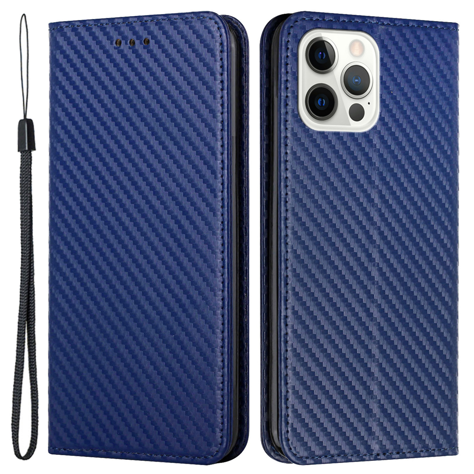 

Carbon Fiber Texture Stand Wallet Design Auto-absorbed Leather Case Cover with Hand Strap for iPhone 12 Pro Max 6.7 inch - Blue, iPhone 12 Pro Max
