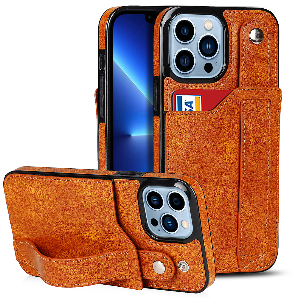 

RFID Blocking Function Card Slot Design Anti-scratch PU Leather Coated TPU Case Cover with Hand Strap Kickstand for iPhone 13 Pro Max 6.7 inch - Khaki, iPhone 13 Pro Max