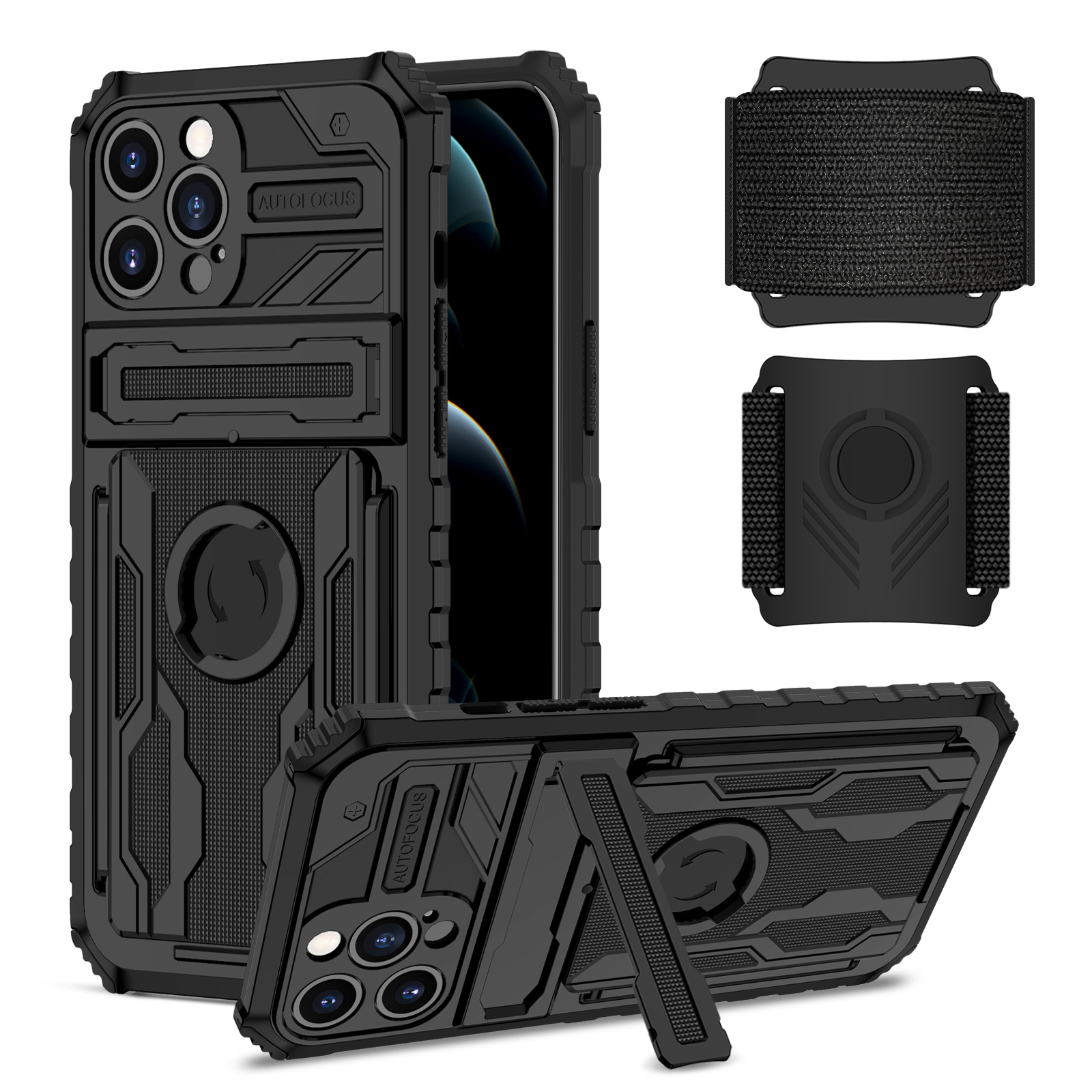 

Скрытый Kickstand PC + TPU Телефон Регулируемый Браслет Дизайн Защитный Чехол Для IPhone 13 Pro Max 6,7 Дюйма - Чернить, iPhone 13 Pro Max
