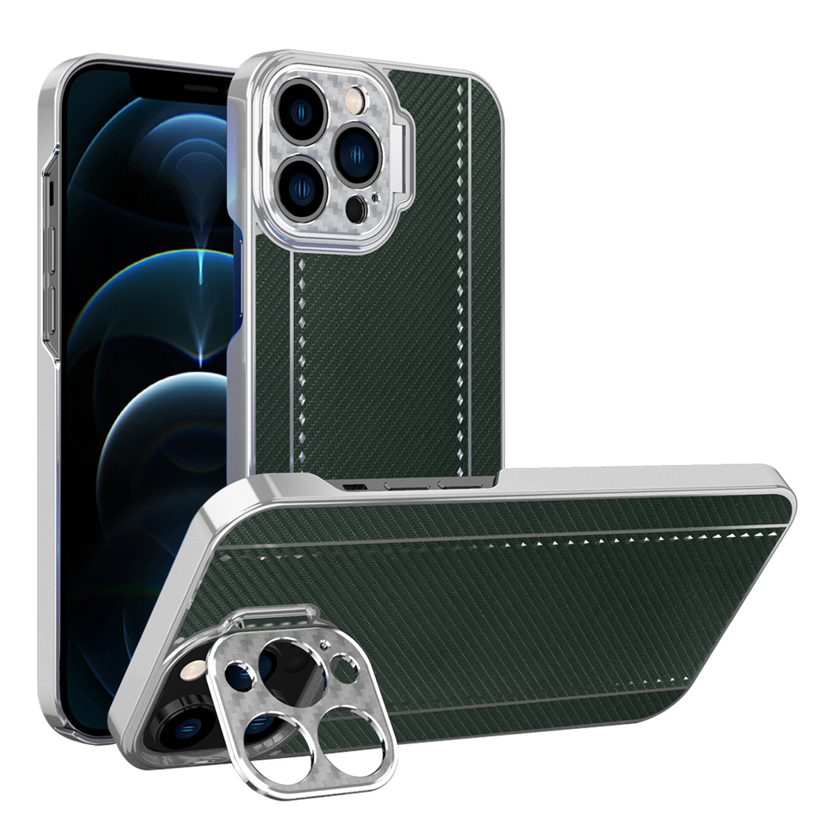 

For iPhone 12 Pro Max 6.7 inch Kickstand Design Kevlar and Carbon Fiber Texture Anti-fall Electroplating Frame PU Leather Coated PC Cover - Green, iPhone 12 Pro Max
