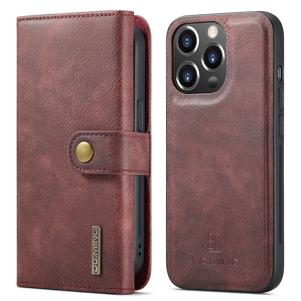 

DG.MING Tri-fold Wallet Style Detachable 2-in-1 Split Leather Stand Phone Case Protector for iPhone 13 Pro 6.1 inch - Red, iPhone 13 Pro