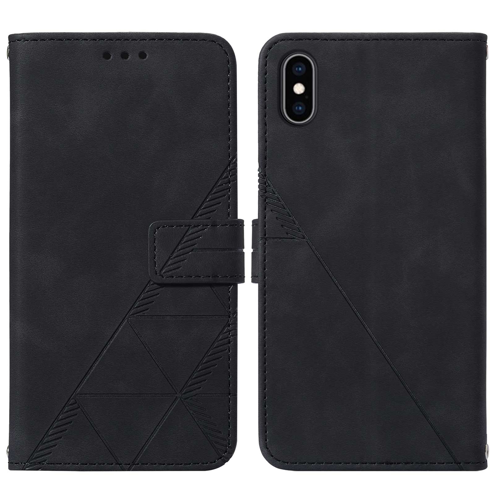 

PU Leather Wallet Phone Shell Shock-Absorbed TPU Inner Case Lines Imprinting Phone Stand Cover for iPhone X/XS 5.8 inch - Black, iPhone X