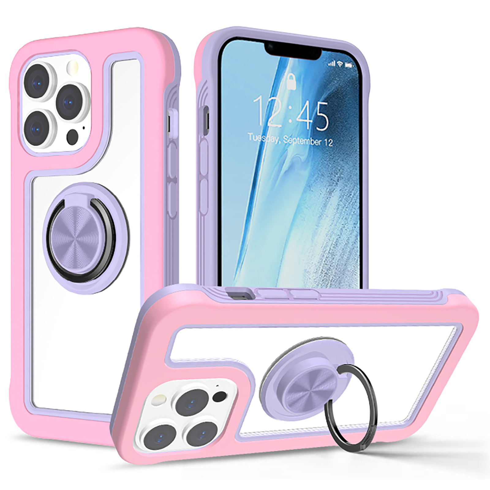 

Kickstand TPU + PC Phone Case 2-в-1 Конструкция Contrast Color Rame Design Ultra Clear Backplate Для Iphone 13 Pro Max 6,7 Дюйма - Вишневый Розовый/фиолетовый, iPhone 13 Pro Max