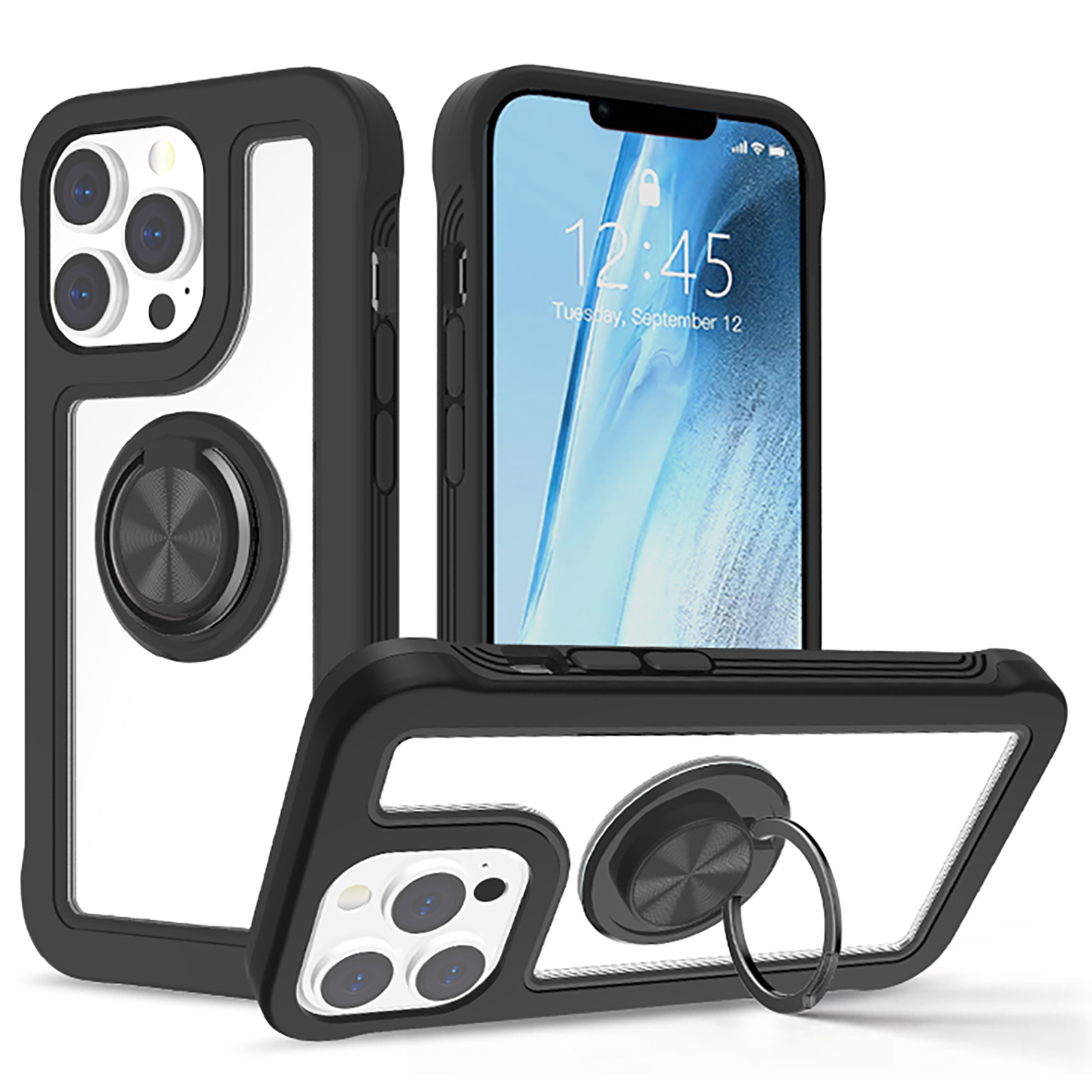 

Kickstand TPU + PC Phone Case 2-in-1 Contrast Color Frame Design Ultra Clear Backplate Cover for iPhone 13 Pro Max 6.7 inch - Black/Black, iPhone 13 Pro Max
