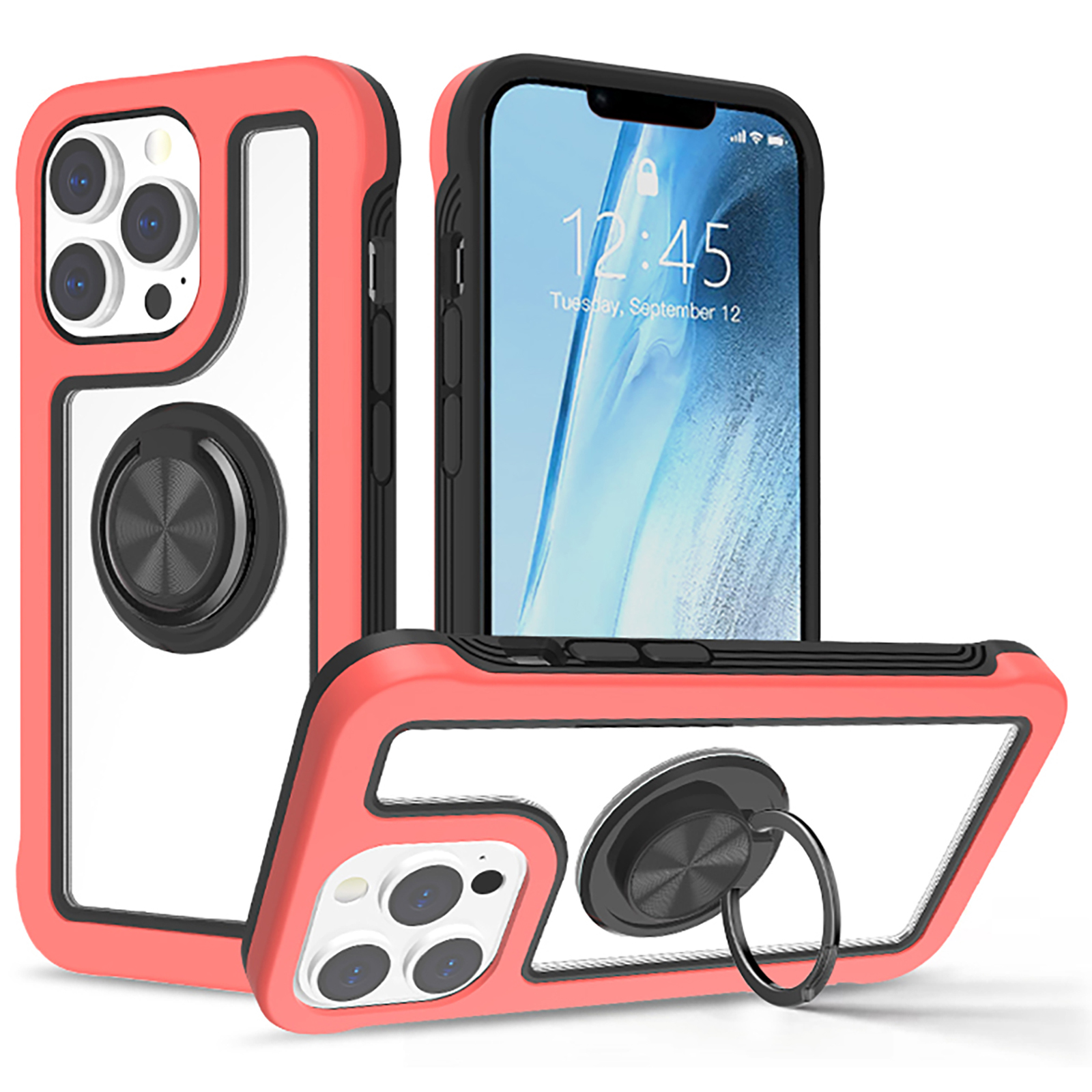 

Kickstand TPU + PC Phone Case 2-in-1 Contrast Color Frame Design Ultra Clear Backplate Cover for iPhone 13 Pro Max 6.7 inch - Fluorescent Pink/Black, iPhone 13 Pro Max