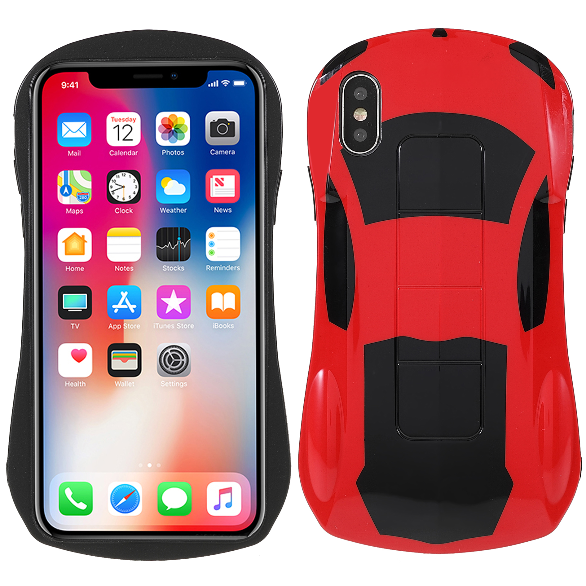 

For iPhone X/XS 5.8 inch Anti-dust Phone Case 3D Sports Car Shaped IMD Shockproof Flexible TPU Phone Covering - Red, iPhone X