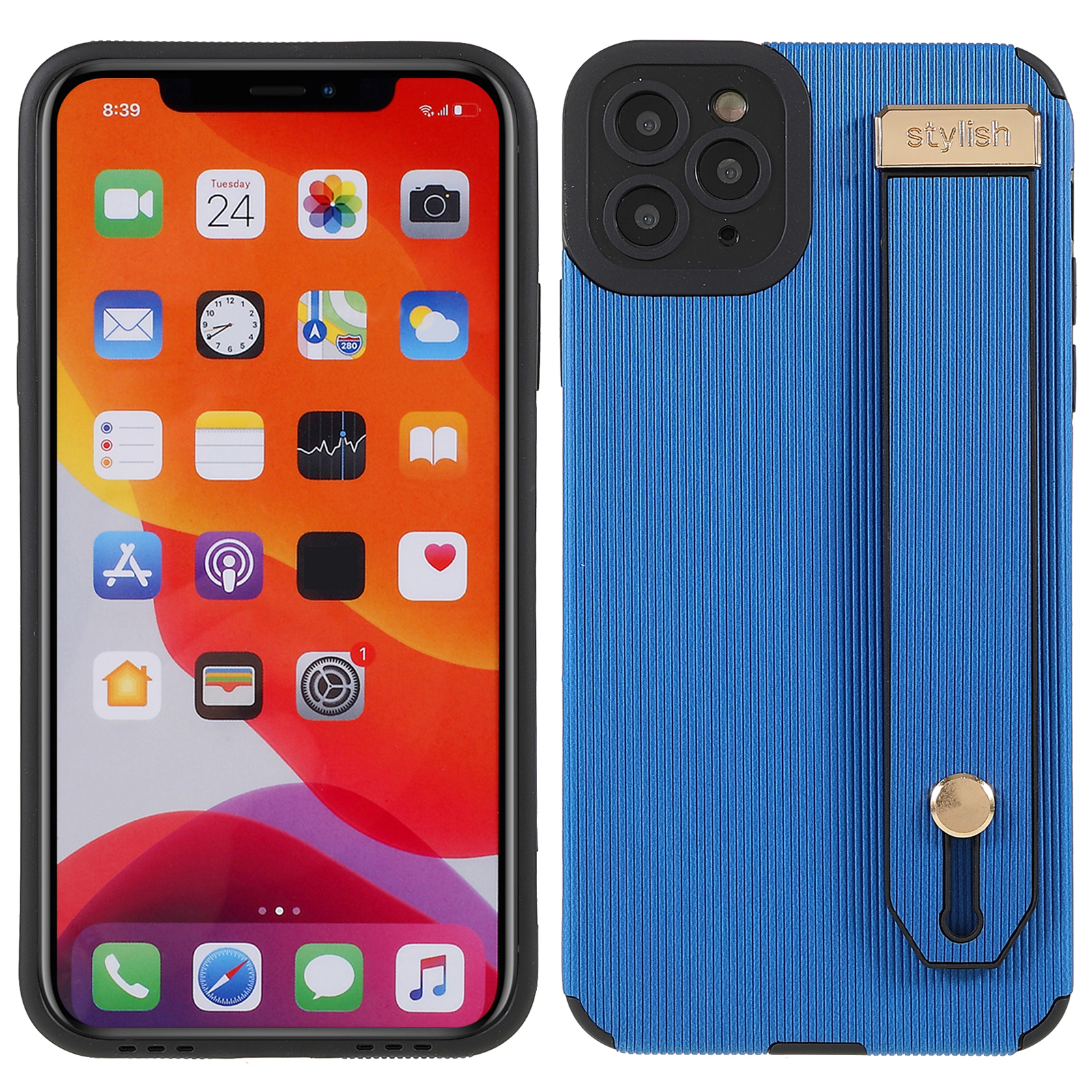 

TPU and Microfiber Leather Shockproof Mobile Phone Case Phone Cover with Hand Strap Kickstand for iPhone 11 Pro 5.8 inch - Blue, iPhone 11 Pro 5.8 inch