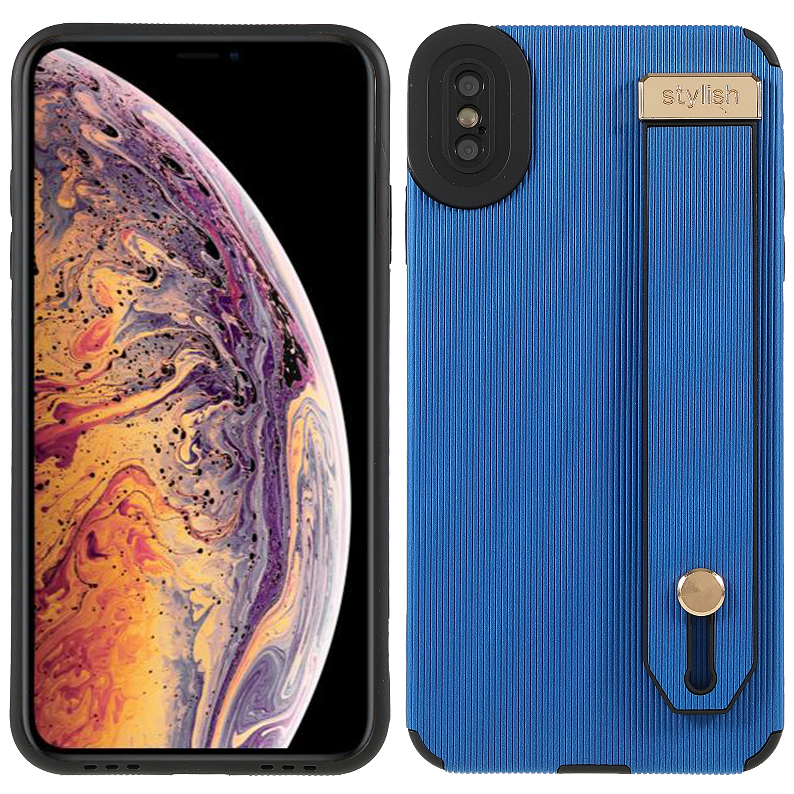 

Anti-fall TPU+Microfiber Leather Phone Case Phone Cover with Hand Strap Kickstand for iPhone X/XS 5.8 inch - Blue, iPhone X