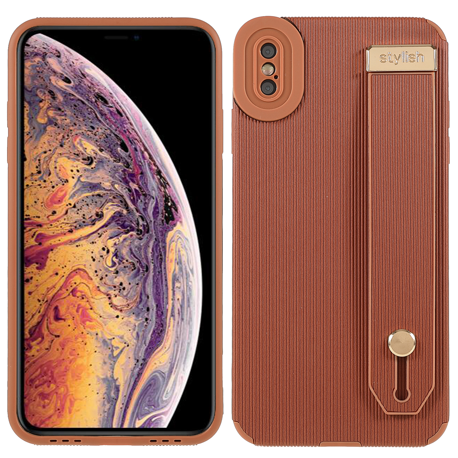 

Гибкая Сцена Гибкая TPU+Microfiber Leather Phone Cope Cope Phone Phone с Ручной Ремешком Для Iphone XS Max 6,5 Дюйма - Коричневый, iPhone XS Max 6.5 inch