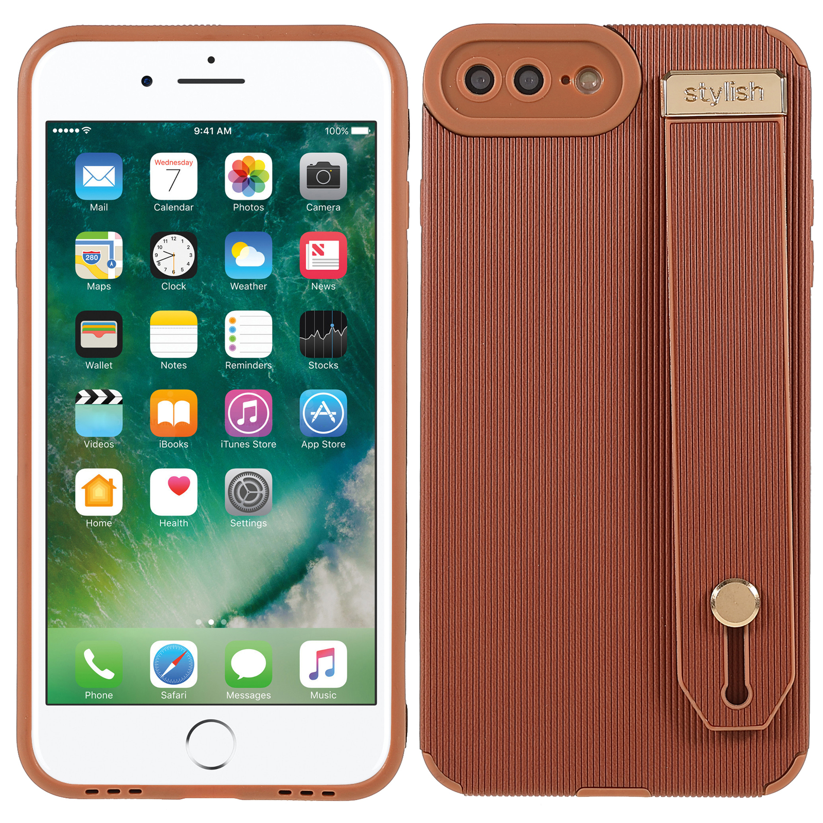 

Mobile Phone Case TPU and Microfiber Leather Shockproof Mobile Phone Cover with Hand Strap Kickstand for iPhone 8 Plus/7 Plus 5.5 inch - Brown, iPhone 8 Plus 5.5 inch