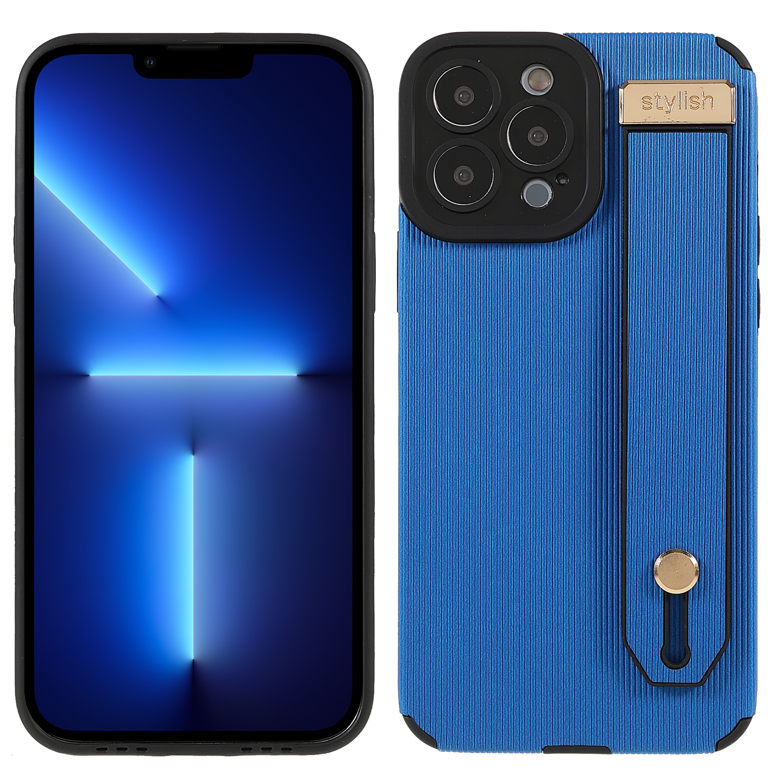 

Stylish Phone Case Precise Cutout Anti-fall TPU + Microfiber Leather Shell Cover with Wrist Strap Kickstand for iPhone 13 Pro 6.1 inch - Blue, iPhone 13 Pro