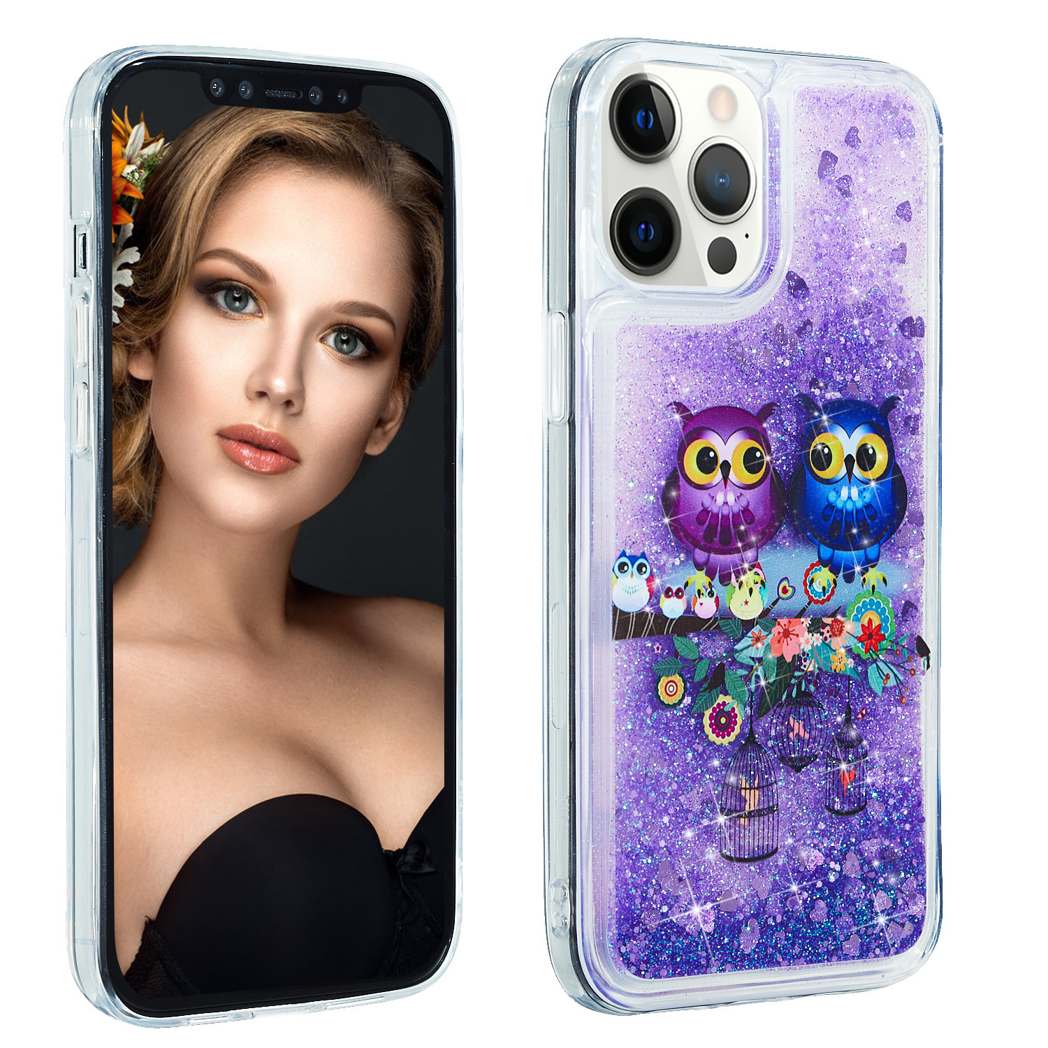 

Mobile Phone Case Lightweight Fashionable Glitter Quicksand TPU Pattern Printing Phone Cover for iPhone 13 Pro Max 6.7 inch - Couple Birds, iPhone 13 Pro Max