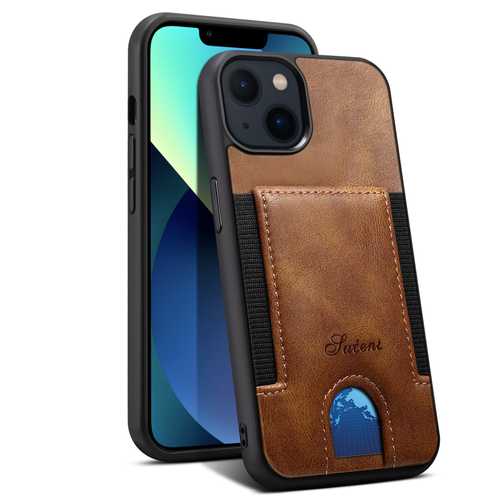 

Suteni H10 Series Elastic Card Slot Retro Shock-resyper Anti-drop PC+PU Кожаный Корпус Для Iphone 13 6,1 Дюйма - Коричневый, iPhone 13