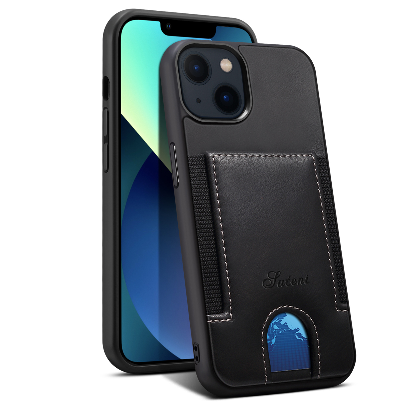 

Suteni H10 Series Elastic Card Slot Retro Shock-resyper Anti-drop PC+PU Кожаный Корпус Для Iphone 13 6,1 Дюйма - Черный, iPhone 13