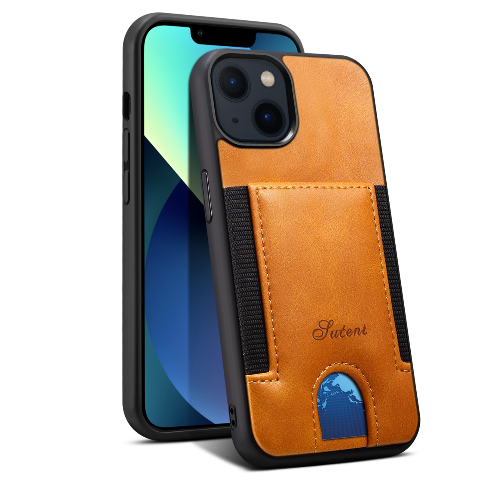 

SUTENI H10 Series Elastic Card Slot Retro Shockproof Anti-drop PC+PU Leather Case Shell for iPhone 13 6.1 inch - Khaki, iPhone 13