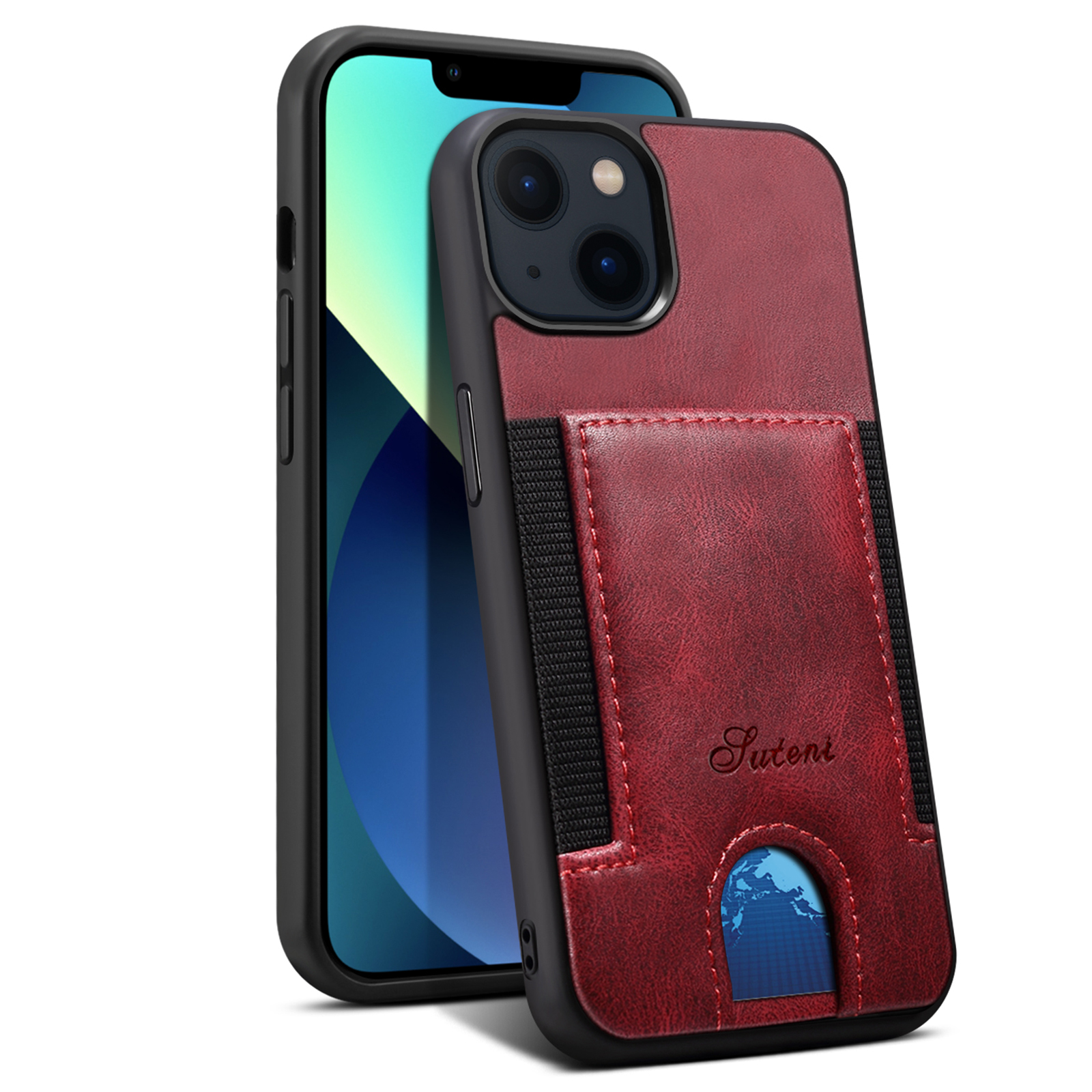 

Suteni H10 Series Elastic Card Slot Retro Shock-resyper Anti-drop PC+PU Кожаный Корпус Для Iphone 13 6,1 Дюйма - Красный, iPhone 13