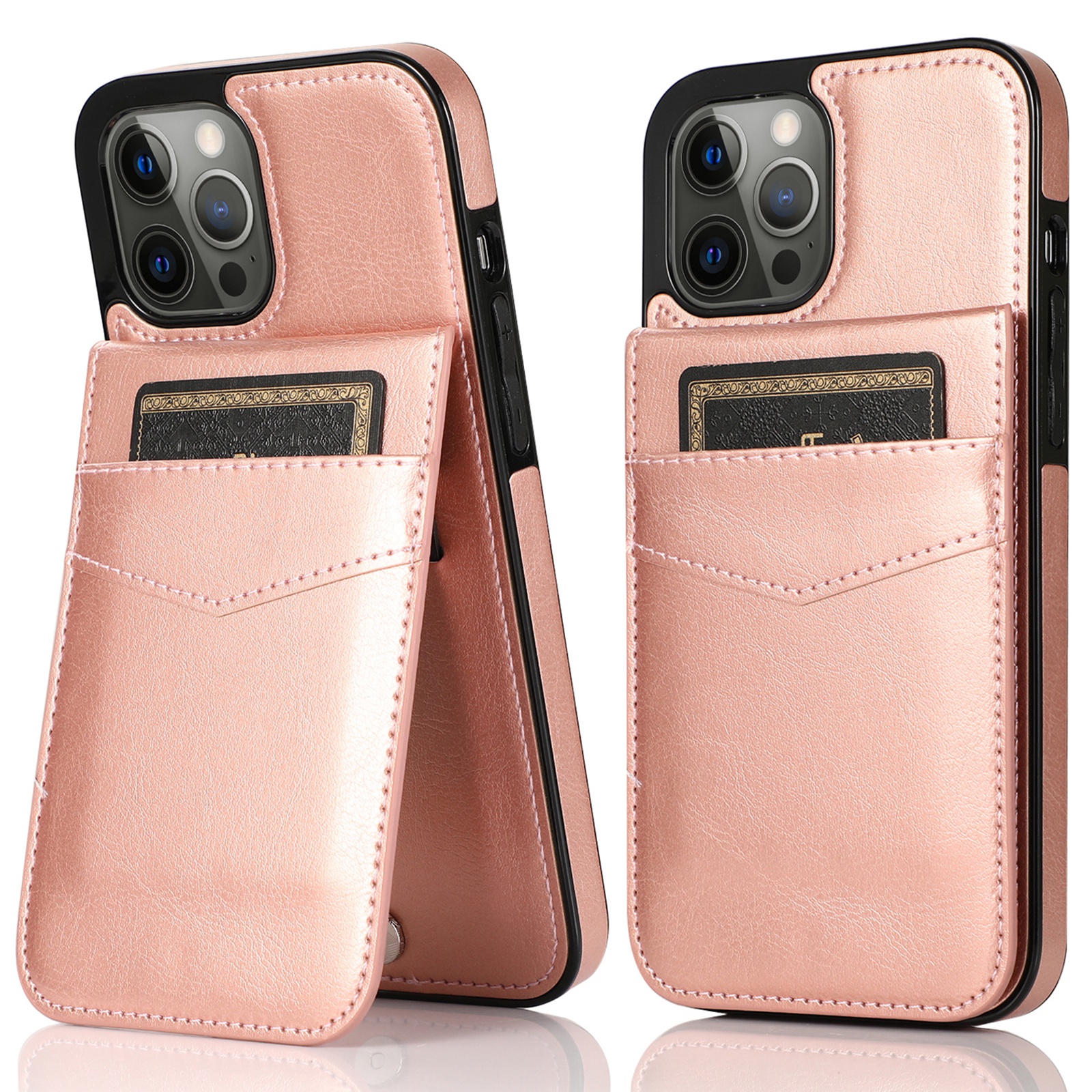 

Multiple Card Slots PU Leather Coated TPU Phone Case with Kickstand for iPhone 13 Pro 6.1 inch - Rose Gold, iPhone 13 Pro