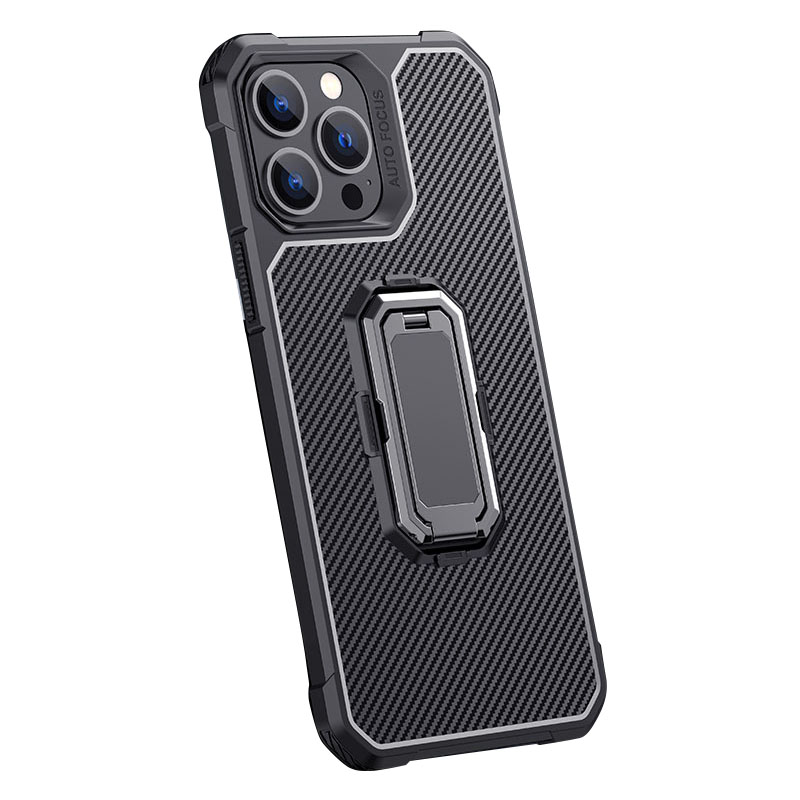 

Ring Car Mount Kickstand Carbon Fiber Texture Flexible TPU Anti-Scratch Shockproof Protective Case for iPhone 13 Pro Max 6.7 inch - Black, iPhone 13 Pro Max