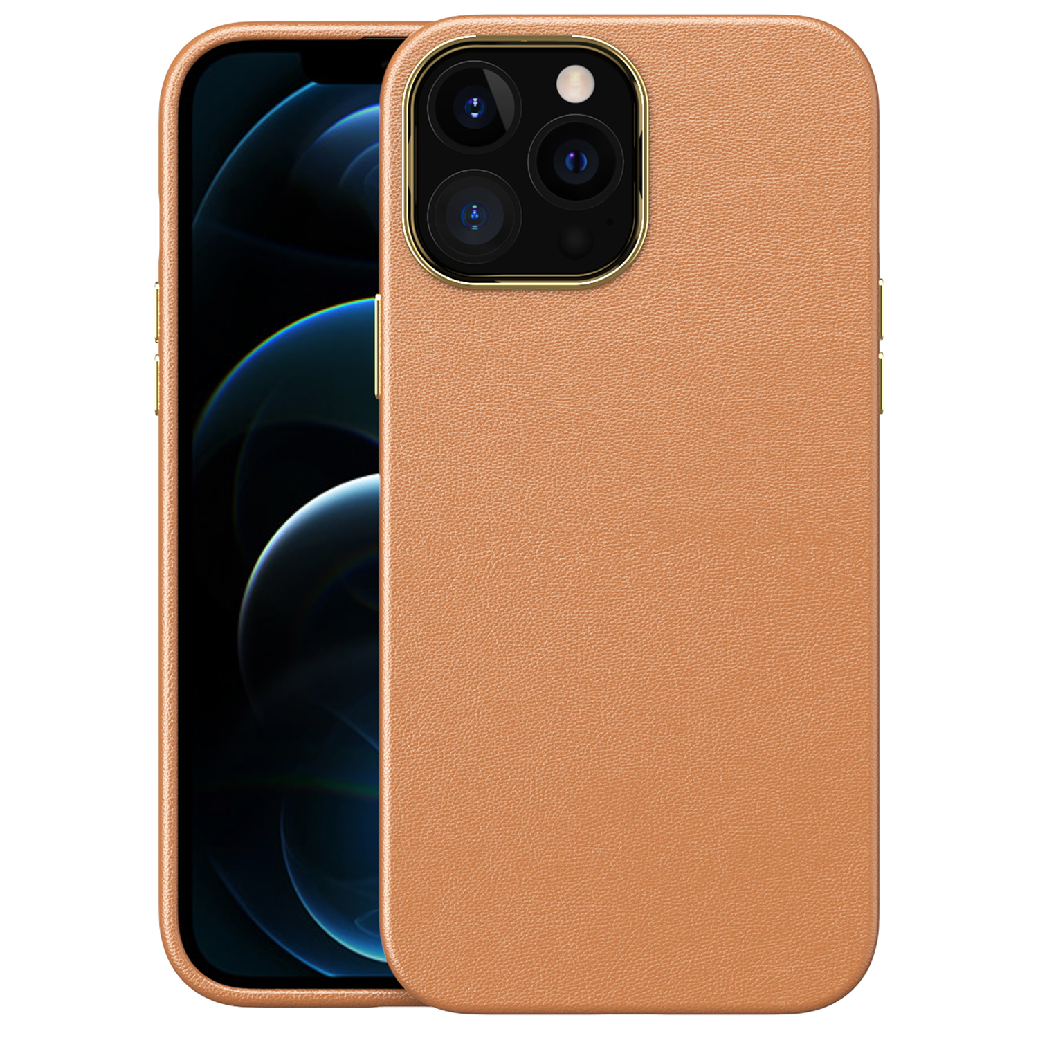 

Electroplating Camera Lens Frame Leather Texture TPU + PC Combo Cover Phone Back Protector Case for iPhone 12 Pro Max 6.7 inch - Brown, iPhone 12 Pro Max
