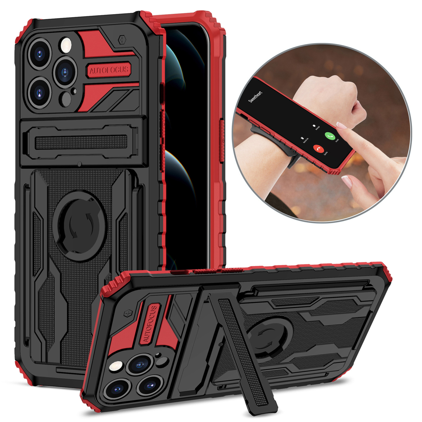 

ENKAY HAT PRINCE For iPhone 13 Pro 6.1 inch Hard PC + Soft TPU Phone Case Dustproof Kickstand Mobile Phone Cover with Sport Armband - Red, iPhone 13 Pro