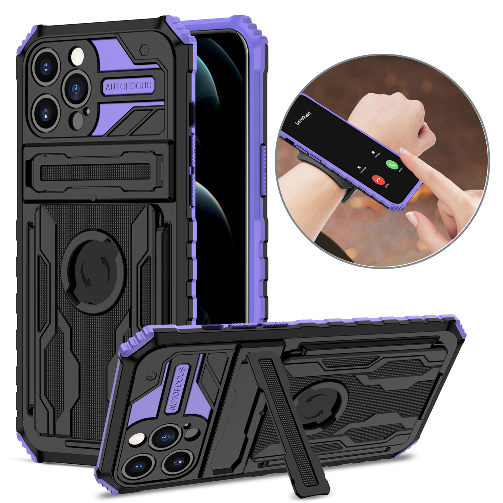 

ENKAY HAT PRINCE For iPhone 13 Pro 6.1 inch Hard PC + Soft TPU Phone Case Dustproof Kickstand Mobile Phone Cover with Sport Armband - Purple, iPhone 13 Pro