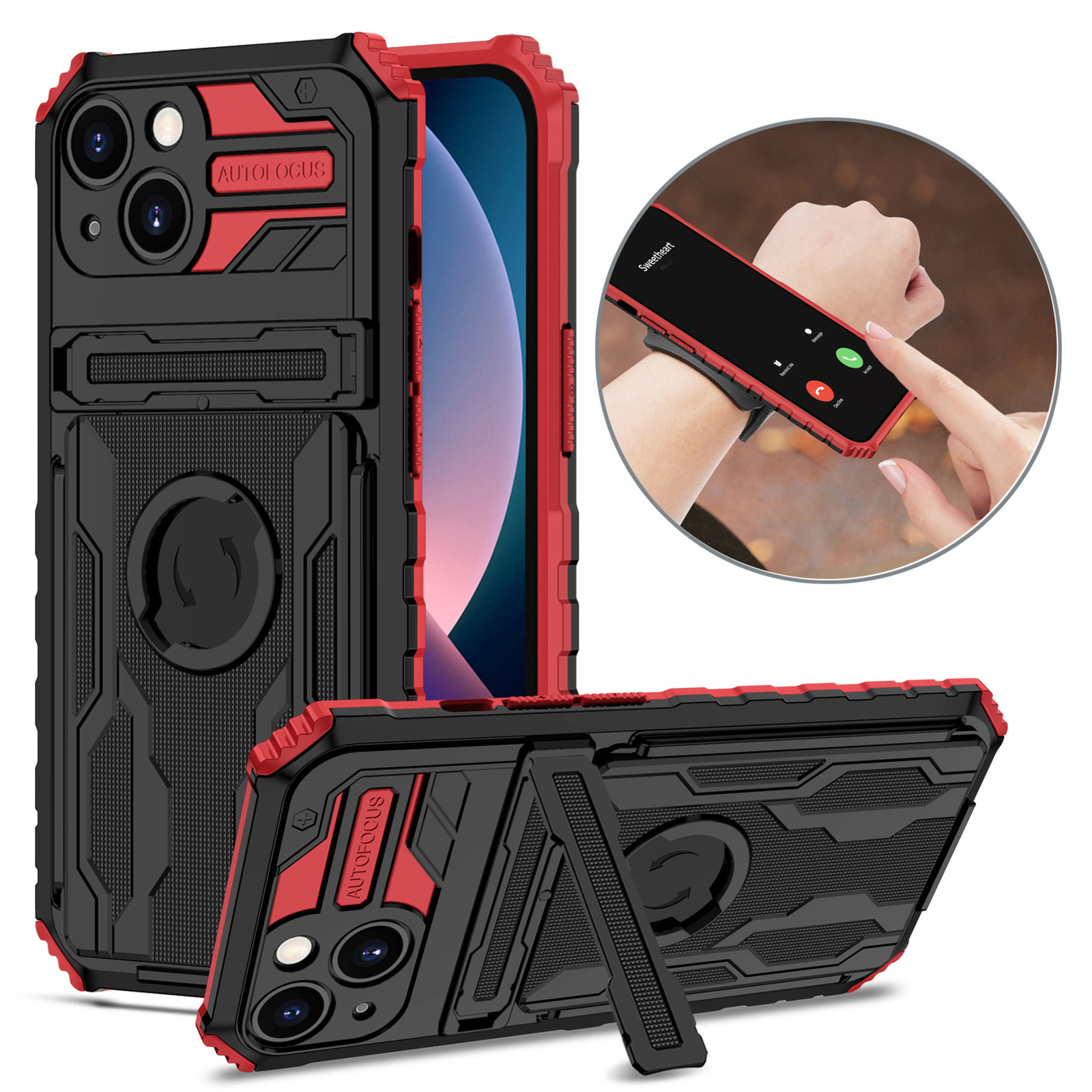 

ENKAY Kickstand Hard PC + Soft TPU Phone Case Sport Mobile Phone Cover with Armband for iPhone 13 mini 5.4 inch - Red, iPhone 13 mini