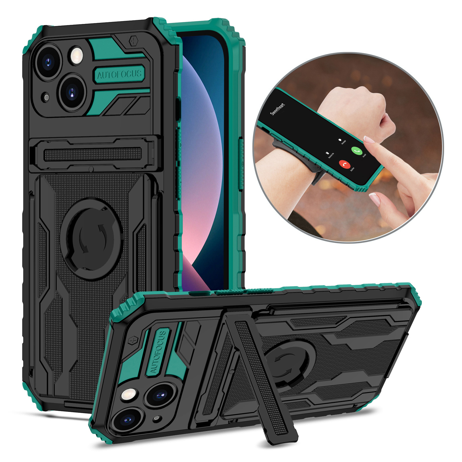 

Enkay Kickgstry Hard PC + Мягкий TPU Телефон Чехол Спорт Крышка Мобильного Телефона С Повязкой Для IPhone 13 Mini 5,4 Дюйма - Черновато-зеленый, iPhone 13 mini