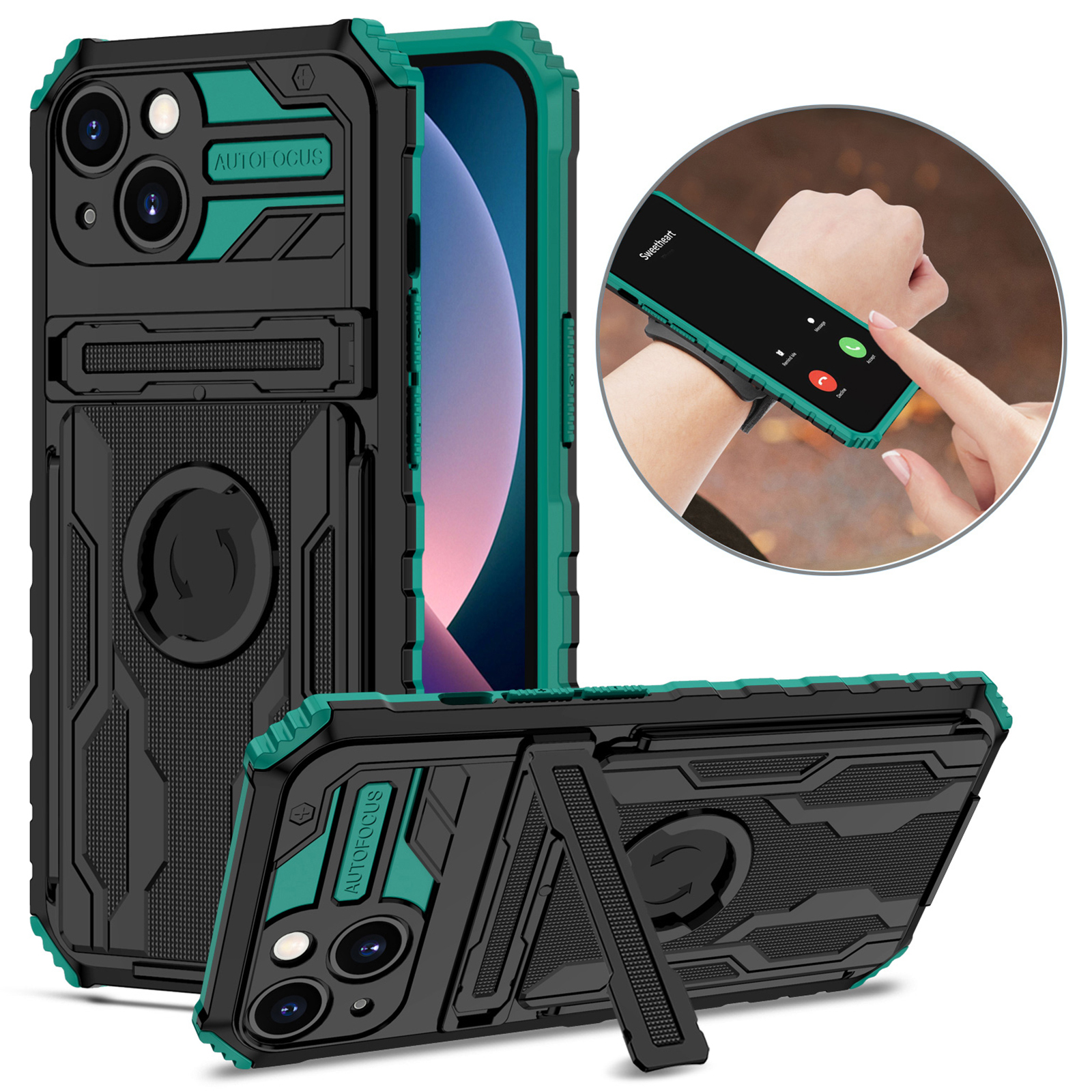 

ENKAY HAT PRINCE Hard PC + Soft TPU Phone Case Sport Mobile Phone Cover with Kickstand and Armband for iPhone 13 6.1 inch - Blackish Green, iPhone 13