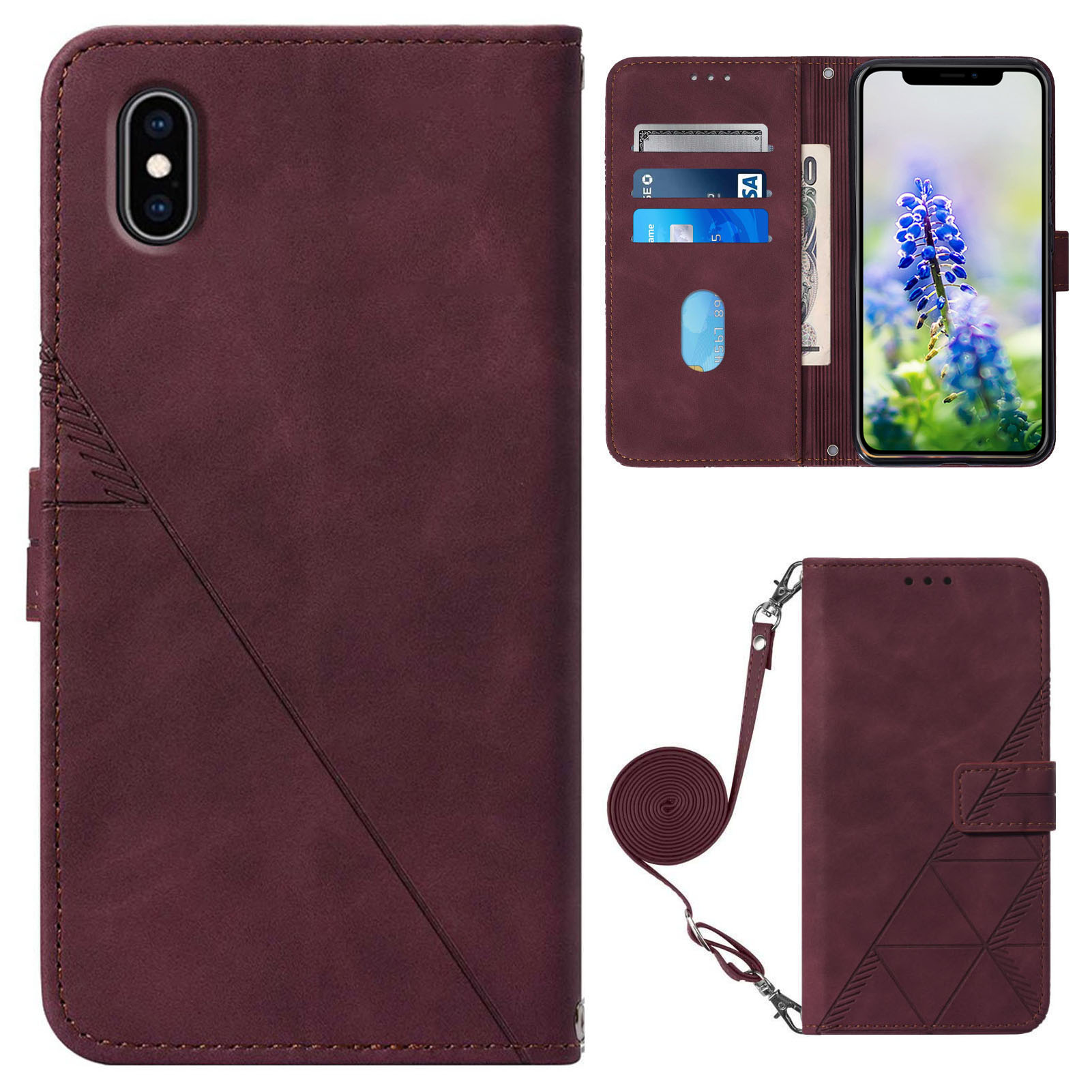 

PB2-1 Series PU Leather Anti-fall Long Lanyard Case Imprinting Lines Wallet Phone Cover with Stand for Apple iPhone XS Max 6.5 inch - Wine Red, iPhone XS Max 6.5 inch