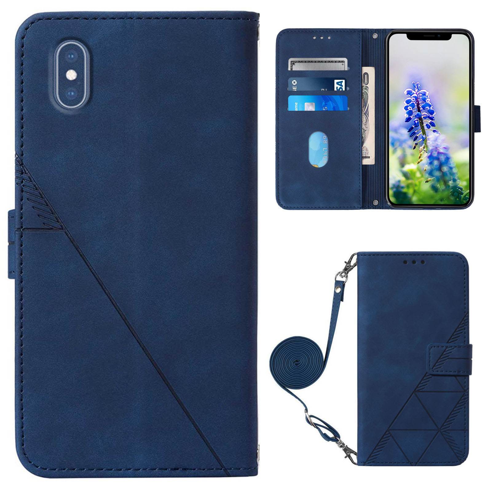 

PB2-1 Series PU Leather Anti-fall Long Lanyard Case Imprinting Lines Wallet Phone Cover with Stand for Apple iPhone XS Max 6.5 inch - Sapphire, iPhone XS Max 6.5 inch