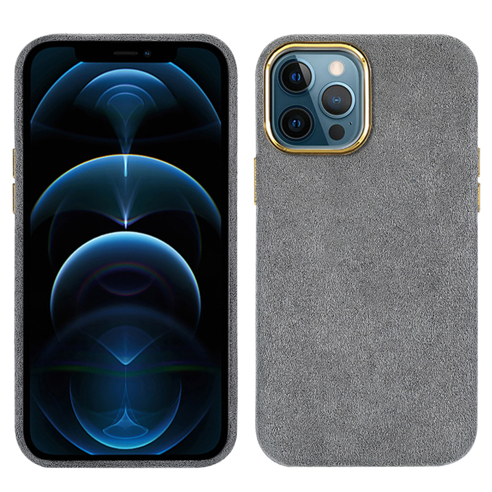 

Fall Prevention Flocking PU Leather Coated PET + Metal Hybrid Case Mobile Phone Protective Cover for iPhone 12 Pro Max 6.7 inch - Grey, iPhone 12 Pro Max