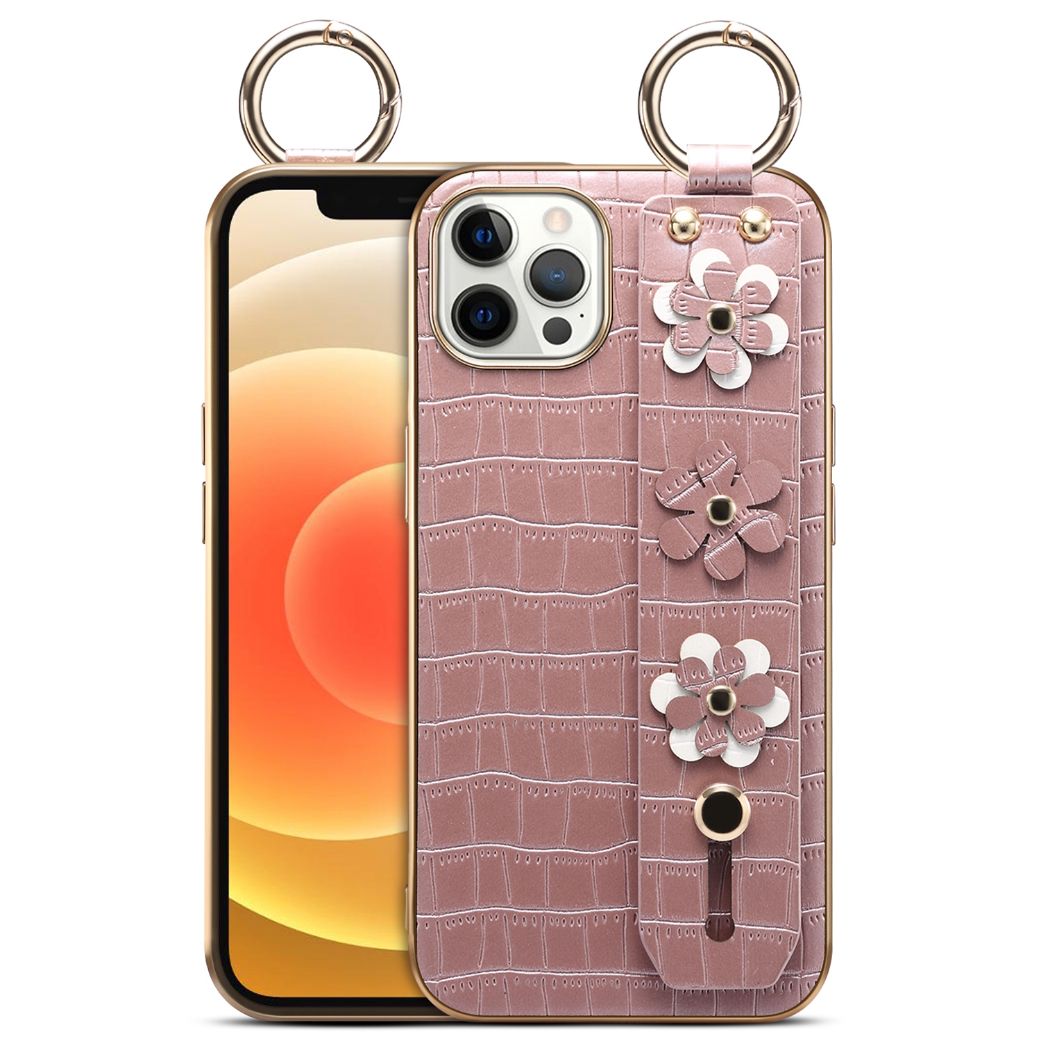 

Electroplating Crocodile Texture Anti-scratch Sakura Decor Hand Strap Kickstand Design PU Leather Coated TPU Phone Case for iPhone 12 Pro Max 6.7 inch - Rose Gold, iPhone 12 Pro Max