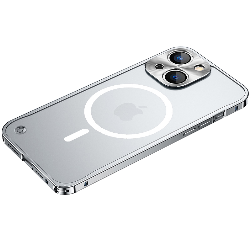 

Tempered Glass + Metal Hybrid Scratch-resistant Phone Case Matte Transparent Protective Cover with Magnetic Wireless Charging Feature for iPhone 13 mini 5.4 inch - Silver, iPhone 13 mini