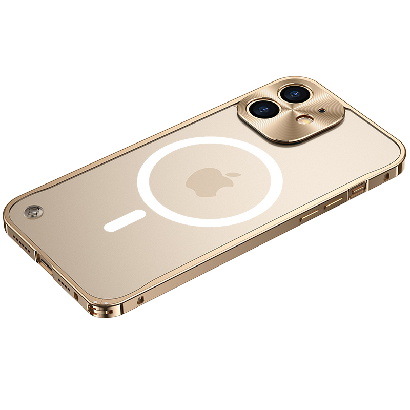 

Scratch-proof Matte Phone Case Tempered Glass + Metal Hybrid Transparent Protective Phone Cover with Magnetic Wireless Charging Feature for iPhone 12 6.1 inch - Gold, iPhone 12