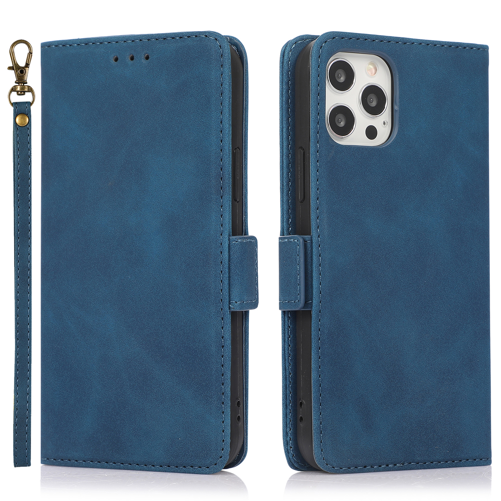 

PU Leather Case Double Magnetic Clasp Stand Wallet Protective Phone Cover with Wrist Strap for iPhone 12 Pro Max 6.7 inch - Blue, iPhone 12 Pro Max