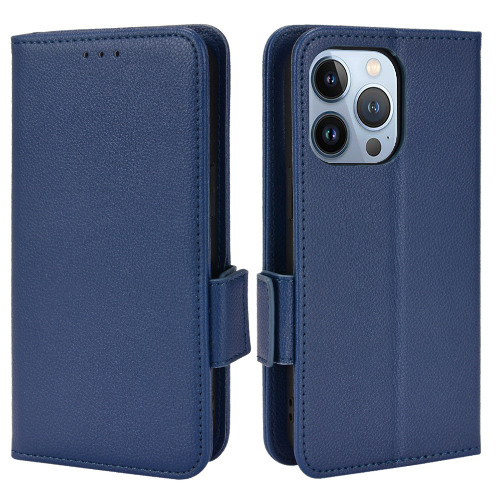 

PU Leather Flip Folio Litchi Texture Cover Wallet Stand Shockproof Full Body Protective Phone Case for iPhone 13 Pro Max 6.7 inch - Dark Blue, iPhone 13 Pro Max